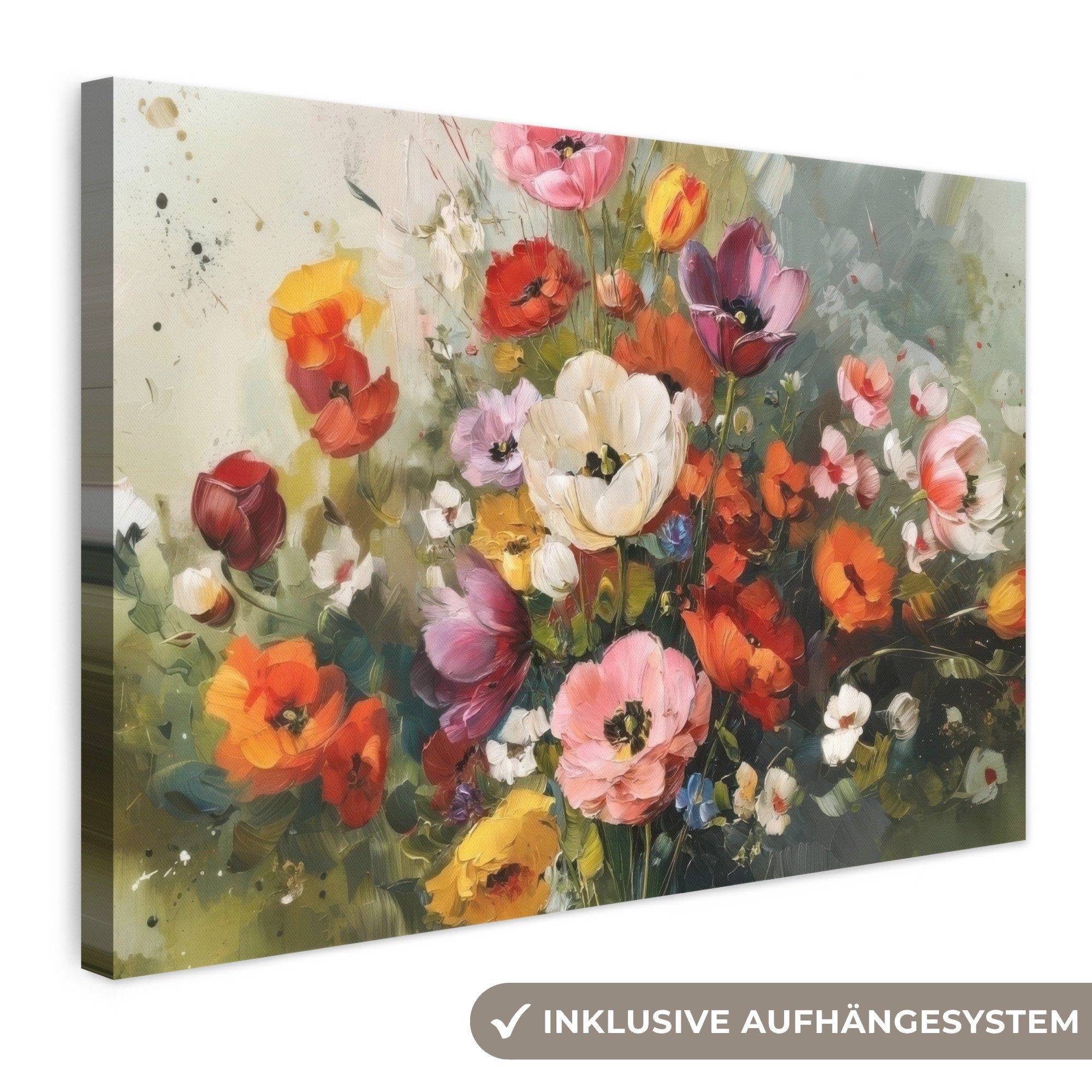 OneMillionCanvasses® Leinwandbild Fröhliches Bouquet - Dynamisch - Subtile Farbtupfer, Fotodruck (1 St), Leinwand Bilder Klein, Wand Dekoration Aesthetic 30x20 cm