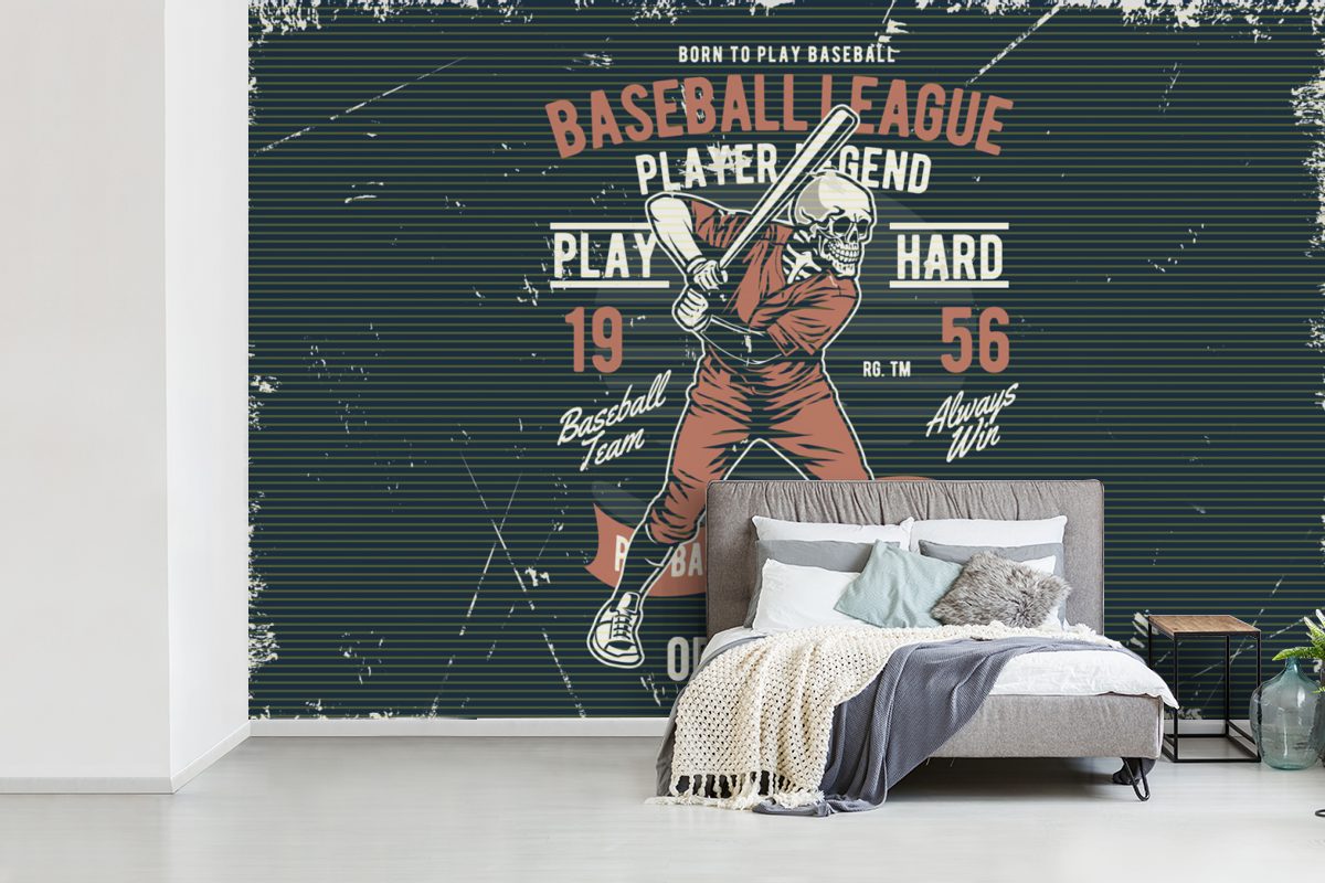 Baseball, Tapete für - Jahrgang St), Wohnzimmer, (6 Wallpaper Vinyl Schlafzimmer, Skelett bedruckt, Fototapete MuchoWow Matt, Kinderzimmer, -