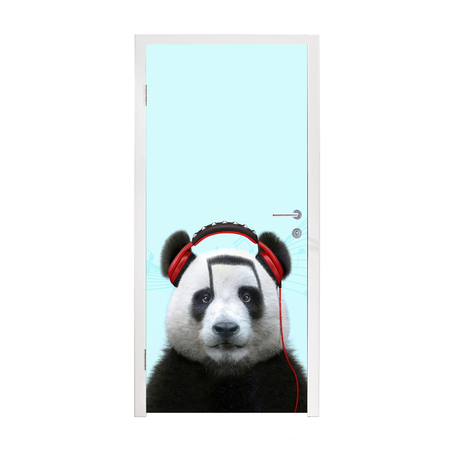 MuchoWow Türtapete Panda - Kopfhörer - Tier - Musiknoten - Rot, Matt, bedruckt, (1 St), Fototapete für Tür, Türaufkleber, 75x205 cm