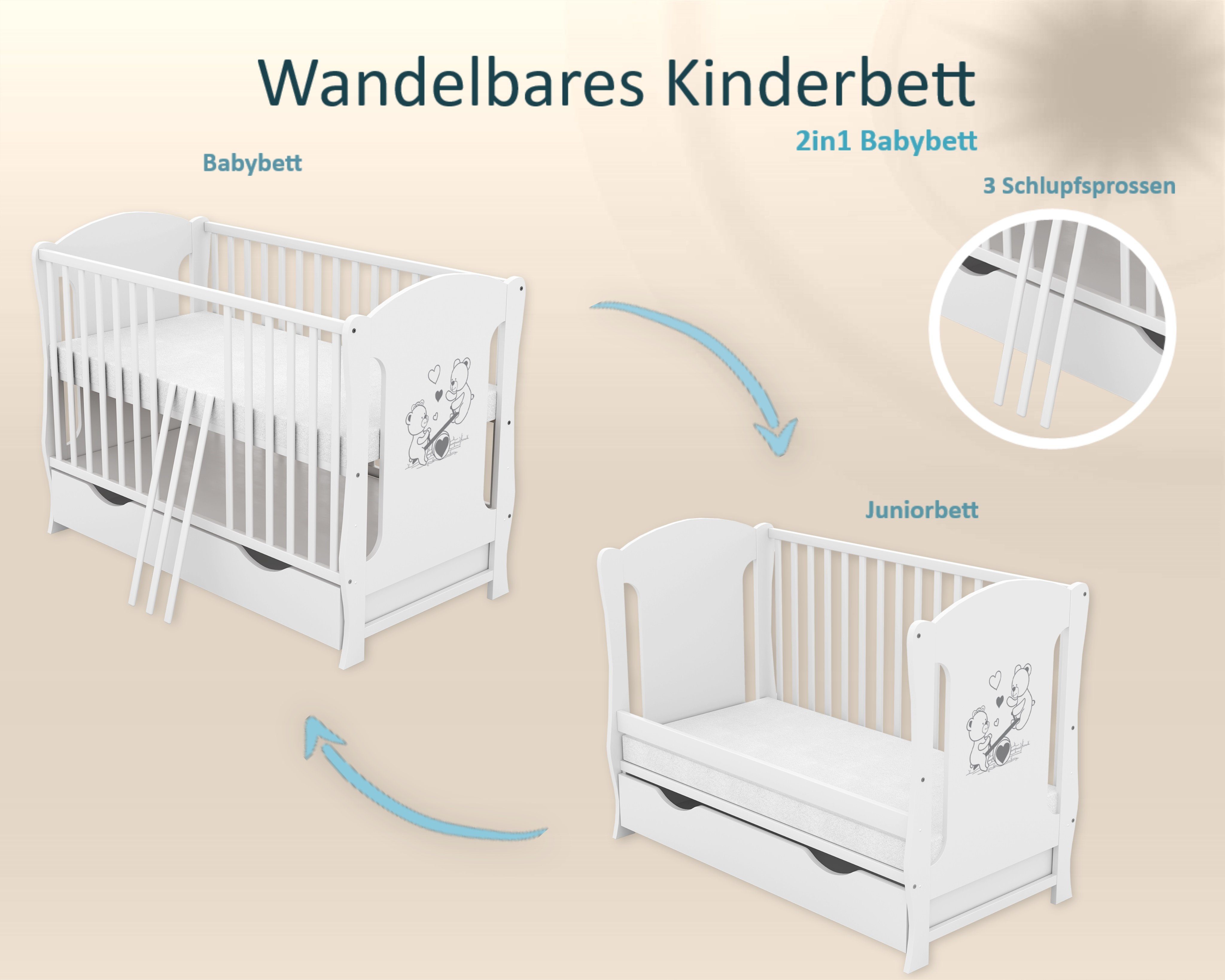 Baby-Delux Babybett Lia, Kinderbett 60x120 cm weiß Schublade Kiefer Teddy Wippe Motiv Matratze