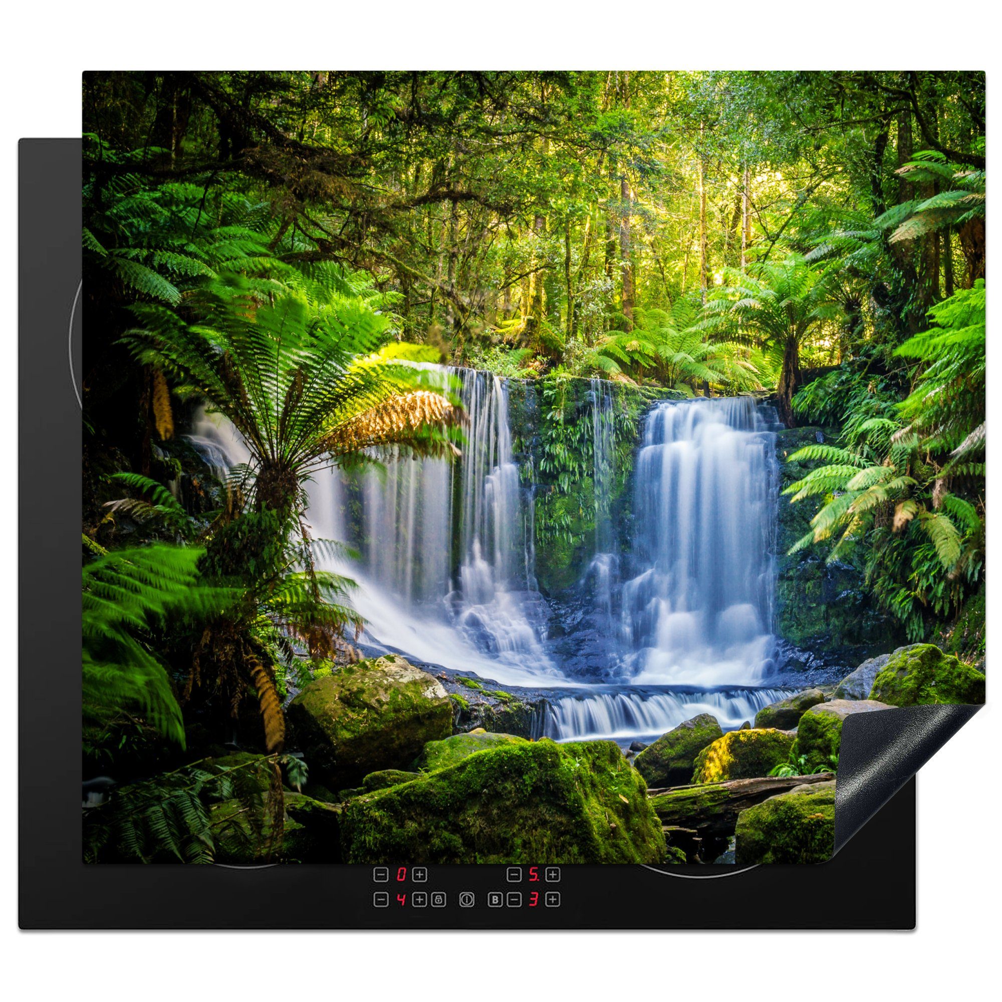 MuchoWow Herdblende-/Abdeckplatte Dschungel - Wasserfall - Australien - Pflanzen - Natur, Vinyl, (1 tlg), 57x51 cm, Induktionsschutz, Induktionskochfeld, Ceranfeldabdeckung