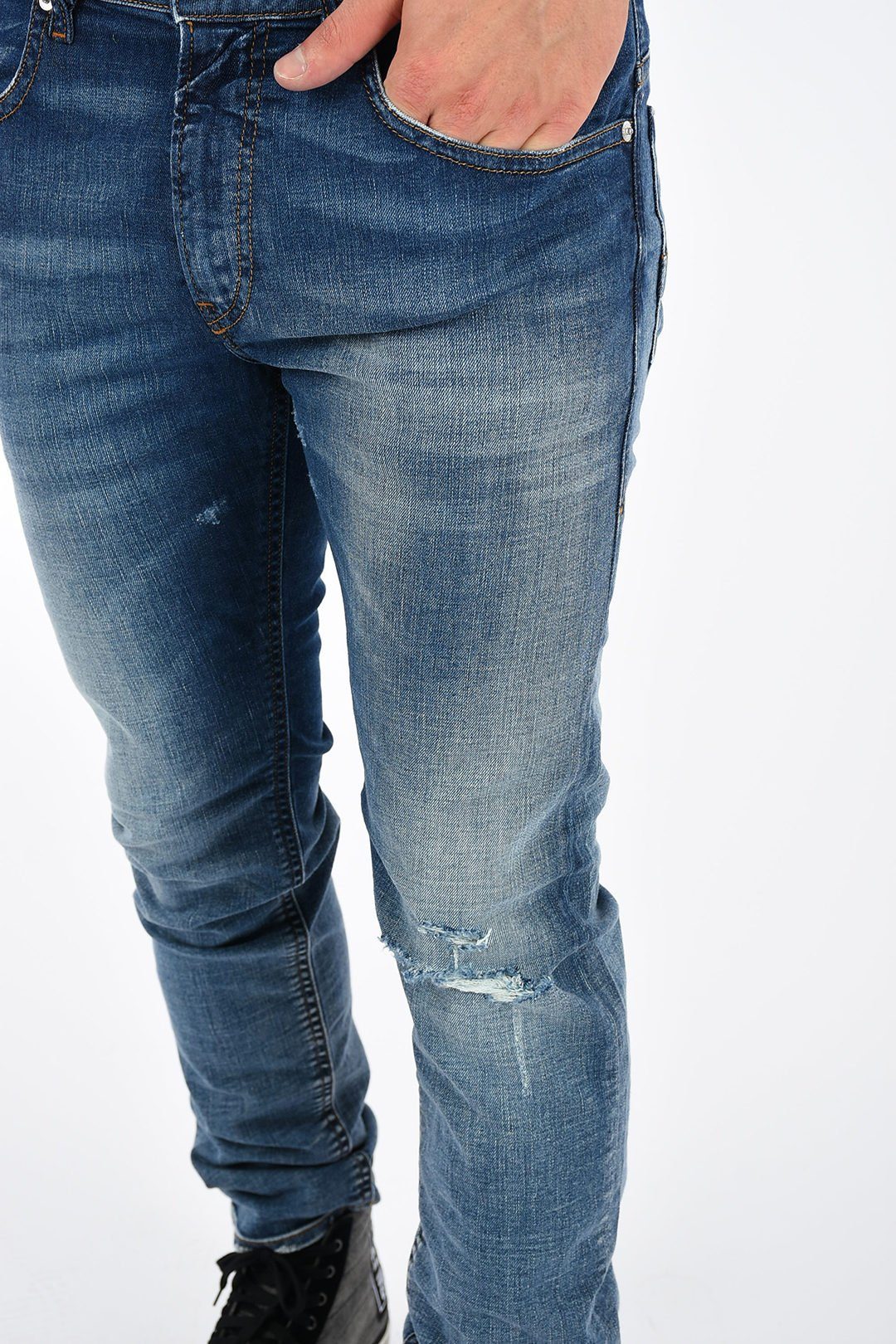Röhrenjeans, Herren Vintage Thommer Used-Look, Länge: 5-Pocket-Style, Diesel Stretch, Blau, L32 084TW Slim-fit-Jeans