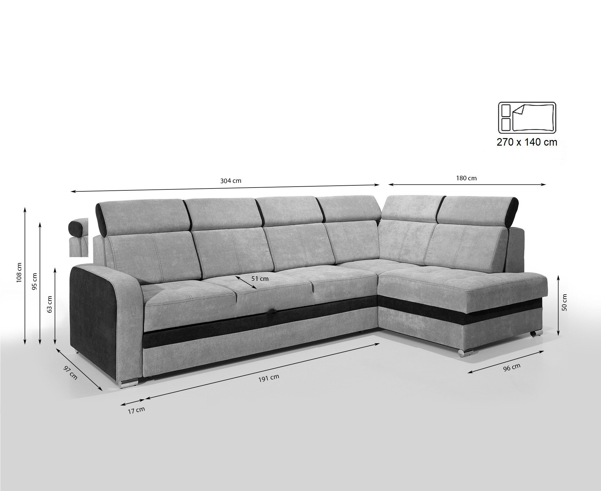 Kopfstützen robin Schlaffunktion Ecksofa Rückenkissen Eckcouch GREY+BLACK Abnehmbare mit