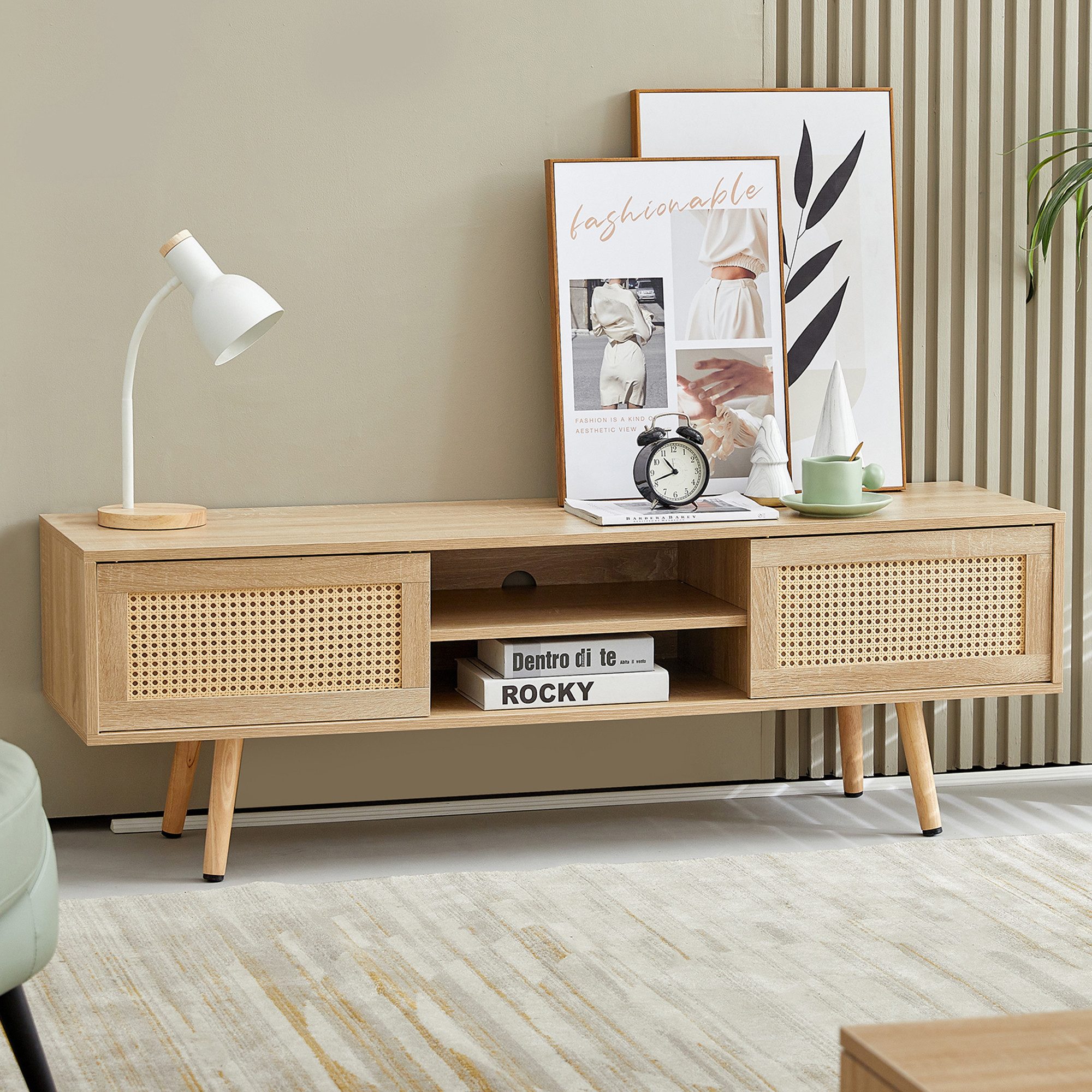 STILVORA TV-Schrank mit doppelten Schiebetüren Lowboard mit verstellbaren Einlegeböden (TV-Ständer mit Rattan-Flechtdesign, Verstellbare PVC-Gleiter an der Unterseite) für Wohnzimmer, Büros und andere Innenräume