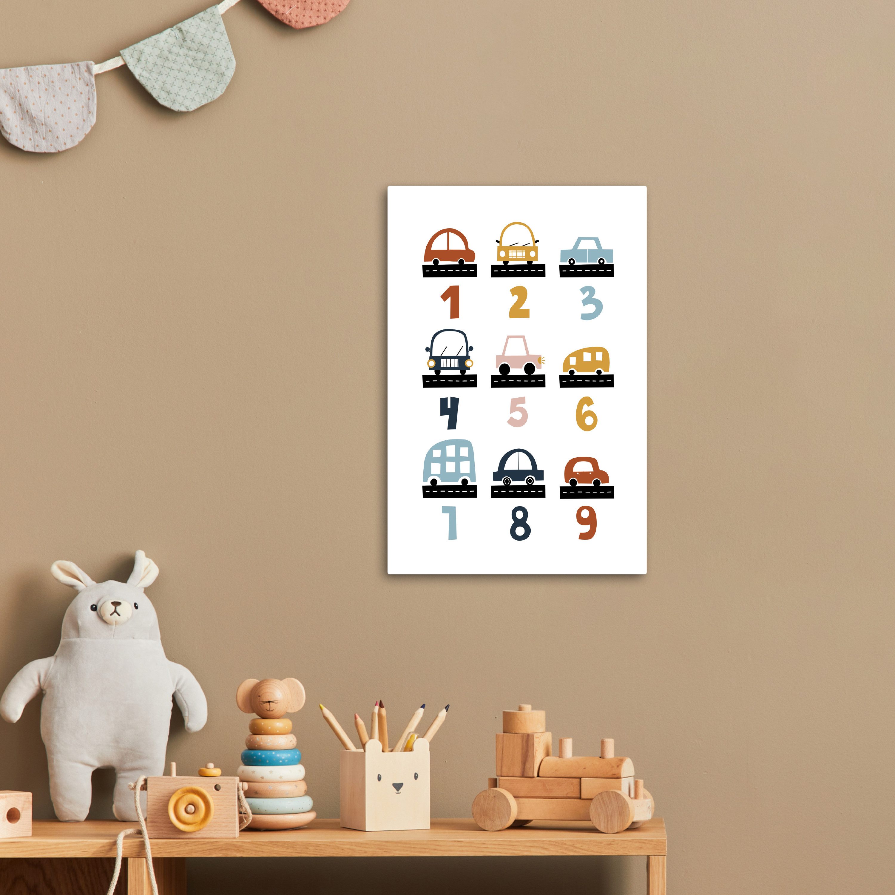 OneMillionCanvasses® Leinwandbild Pädagogisch - Zählen lernen - Autos - 1-10 - Jungen, Fotodruck (1 St), Kinderzimmer Deko, Mädchen und Jungen Bilder 20x30 cm