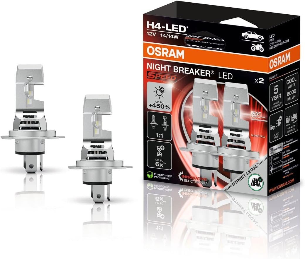 Osram KFZ-Ersatzleuchte NIGHT BREAKER LED SPEED H4 450, H4, 2 St., 6.000 K, Plug-and-Play-Montage im 1:1-Halogendesign