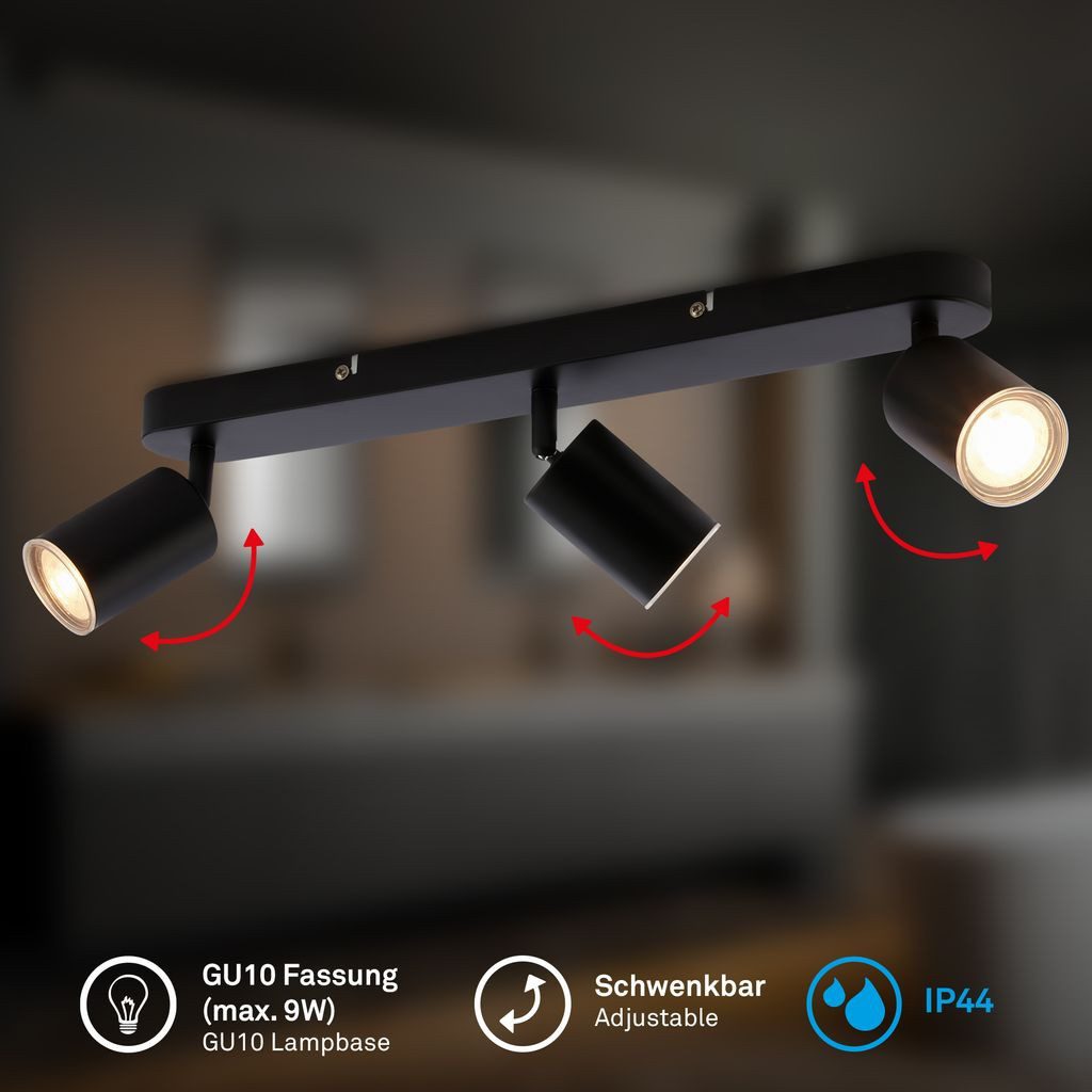 Briloner Leuchten LED Deckenleuchte Deckenlampe IP44 schwenkbar GU10 3-flammig, ohne Leuchtmittel, Abhängig vom Leuchtmittel - Warmweiß / Neutralweiß / Kaltweiß, 47,5x8,5 cm, Wohnzimmer, Schlafzimmer, Badezimmer, Büro