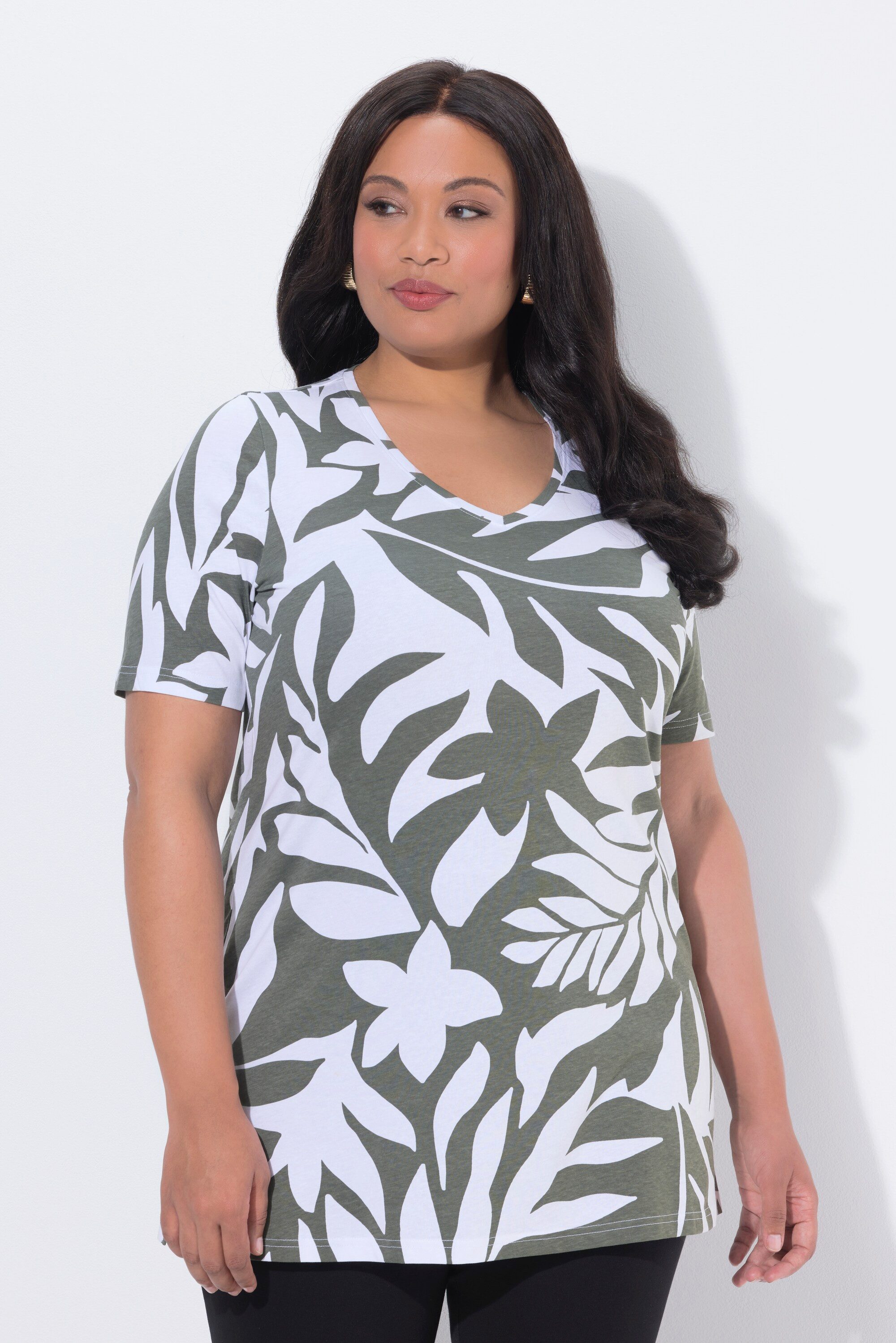 Ulla Popken Longshirt Longshirt Blätter A-Linie V-Ausschnitt Halbarm