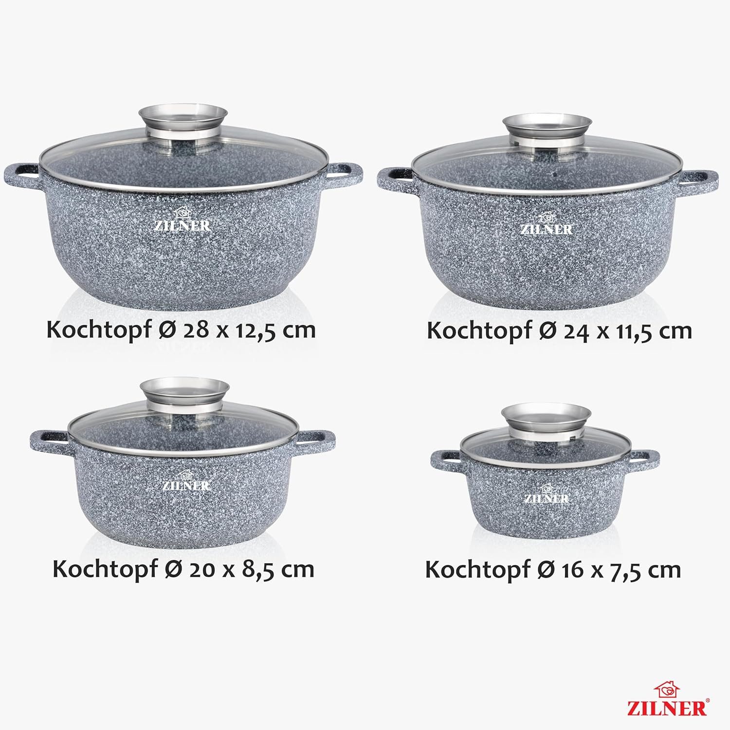 Zilner Topf-Set Graue Töpfe mit Keramik-marmorbeschichtung, Induktionstöpfe, Aluminiumguss (Topfset, 8-tlg., Zeitloses Design des Topfsets. Eine ideale Geschenkidee)