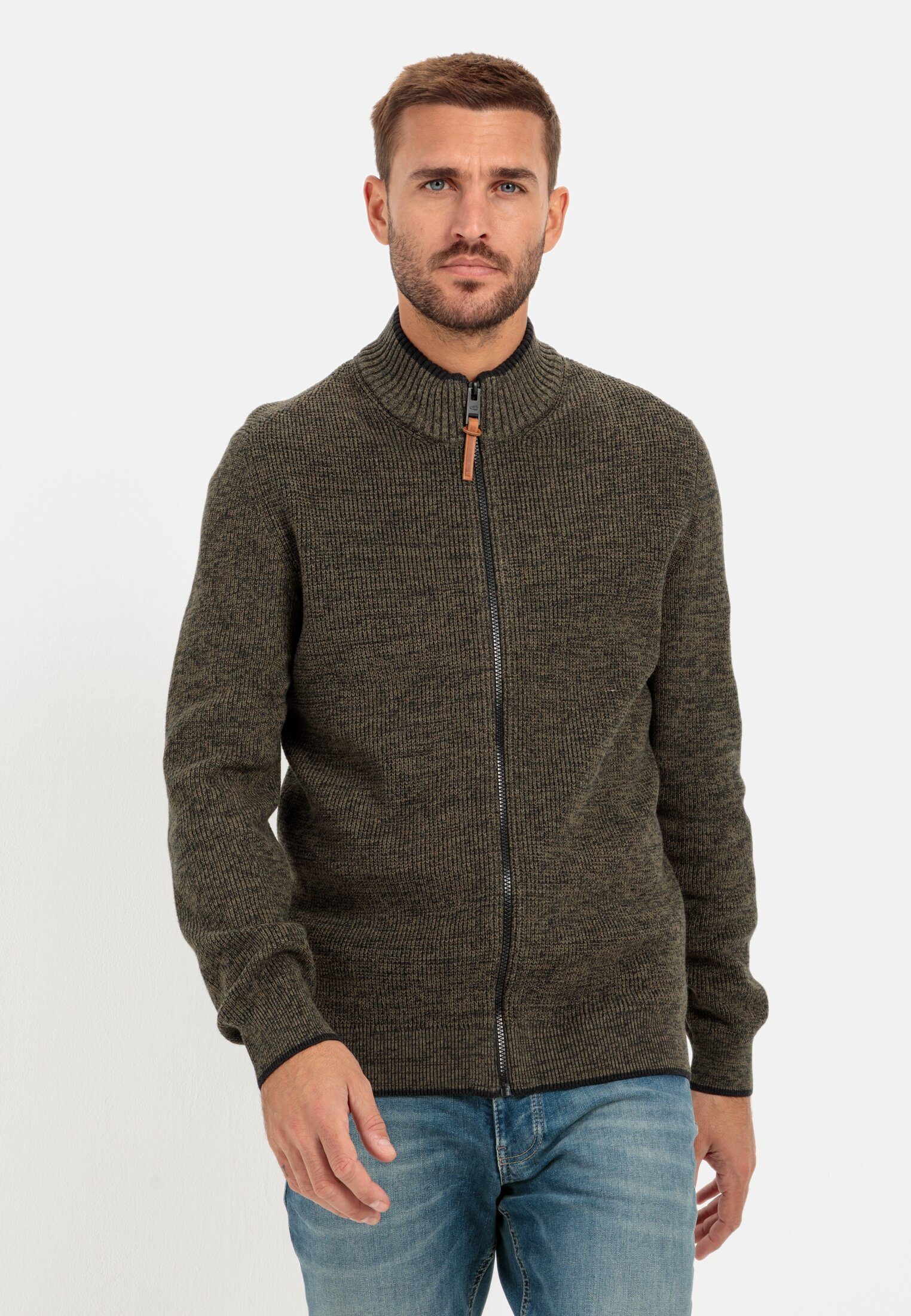 soften einem khaki active Stehkragen camel Baumwollmix Strickjacke aus Dunkel