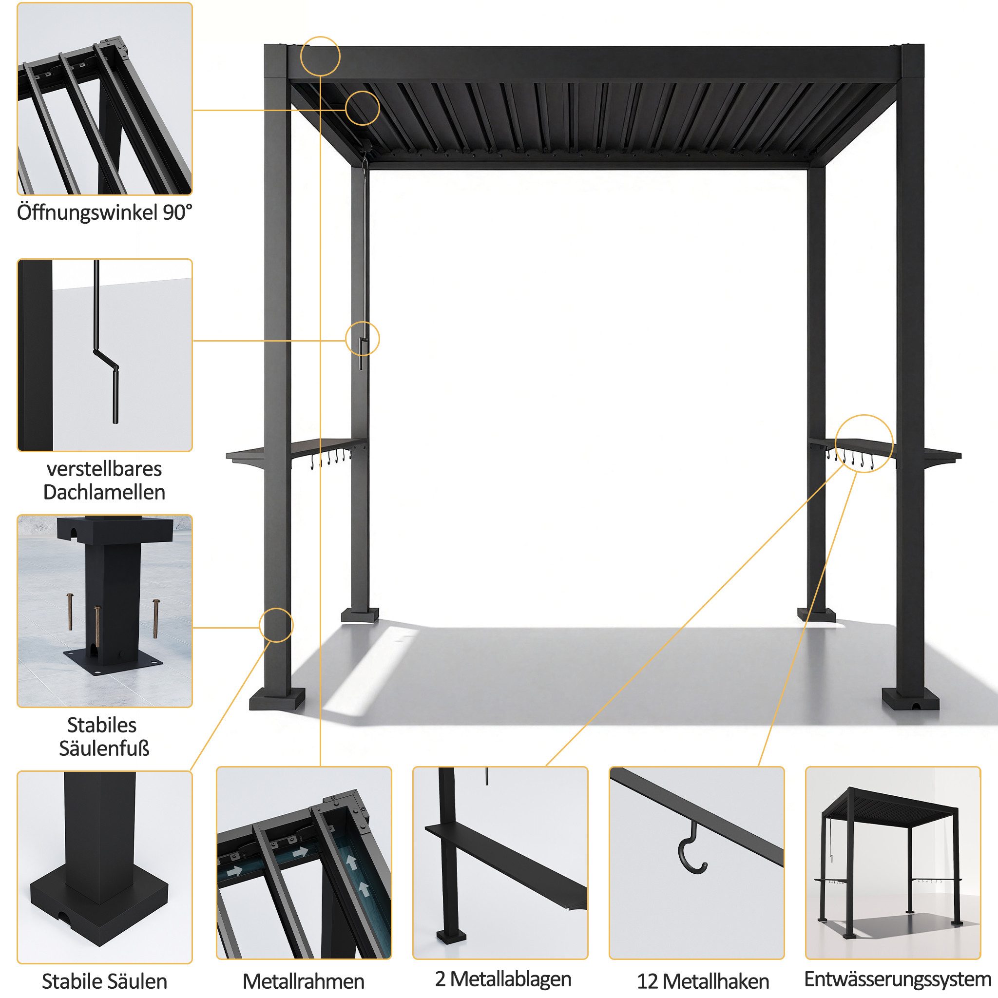 KreaGo Grillpavillon mit Lamellendach BBQ Pavillon Schwarz BxTxH: 240 x 180 x 240 cm, (Pergola Metall mit verstellbare Dachlamellen, Terrassenüberdachung, mit 2 Metallablagen, 12 Metallhaken), ohne Seitenteile