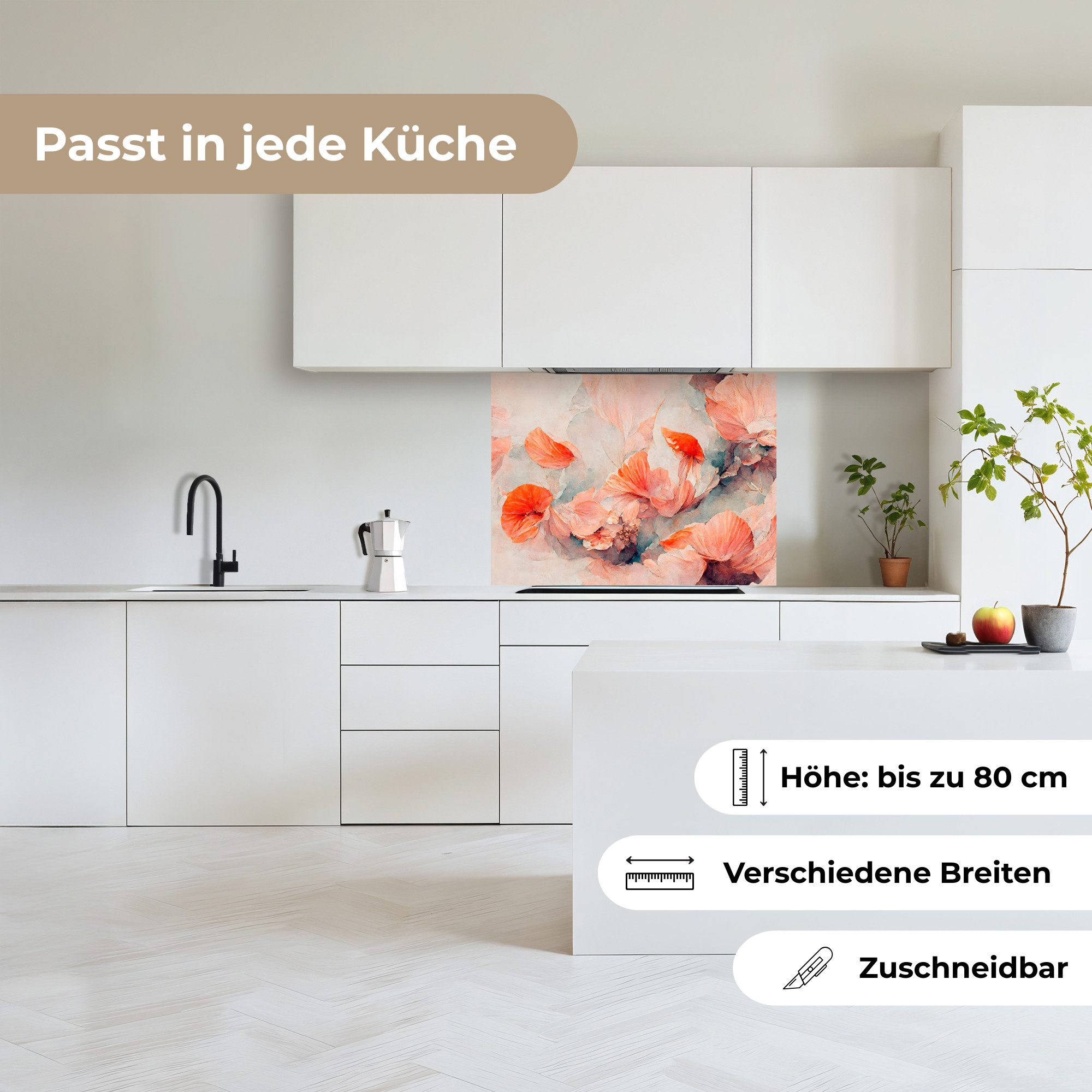 KitchenYeah Küchenrückwand selbstklebend Blumen - Blätter - Pflanzen - Rosa, (1-tlg), Spritzschutz, Küche, Rückwand, Küchenwand, Küchenfront, 80x60 cm