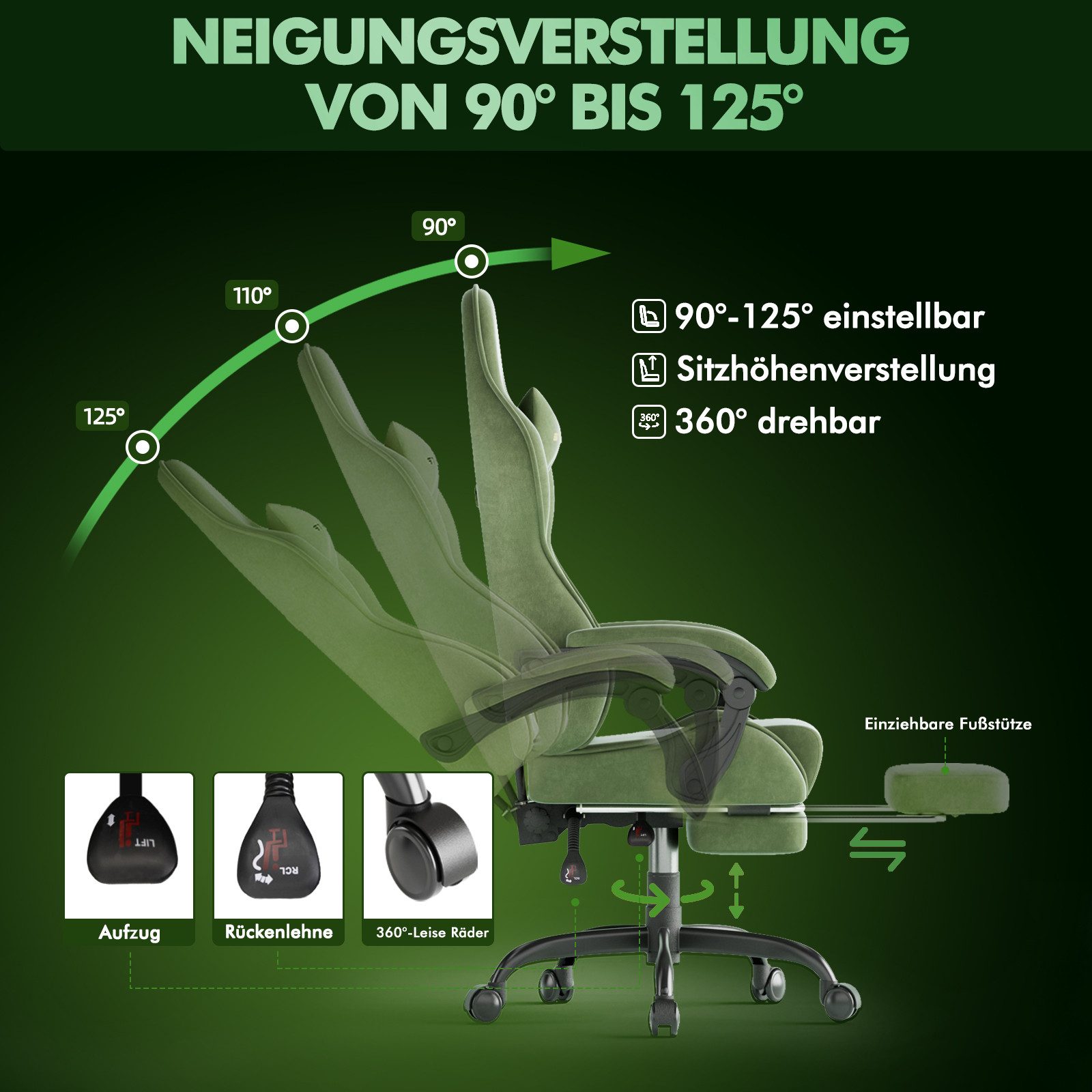 Ferghana Gaming-Stuhl Gaming-Stuhl: Kopfstütze, Lendenkissen, Armlehnen, Fußstütze (Packung), Ergonomischer PC-Stuhl,Rückenlehne 90°-125° – Bild 3 von 5