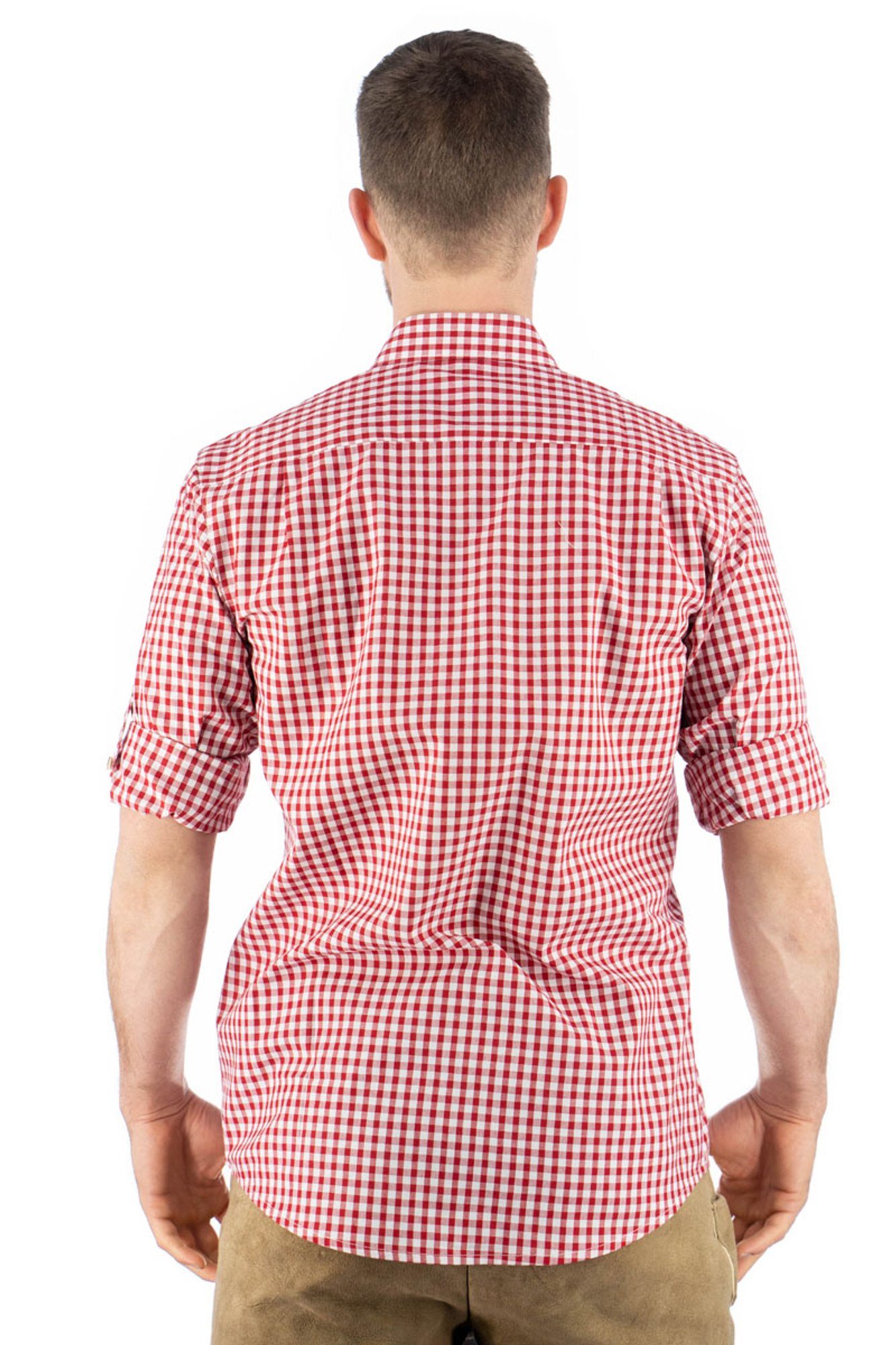 Smoba der Langarmhemd Knopfleiste Trachtenhemd auf mit Edelweiß-Stickerei mittelrot Paspeltasche, OS-Trachten