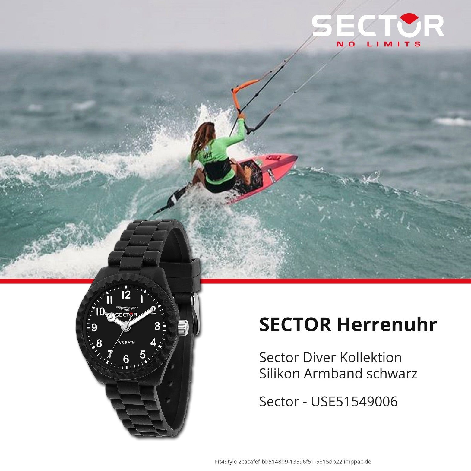 Sector schwarz, Sector Armbanduhr groß Quarzuhr Armbanduhr Herren (44mm), Analog, Fashion rund, Herren Silikonarmband