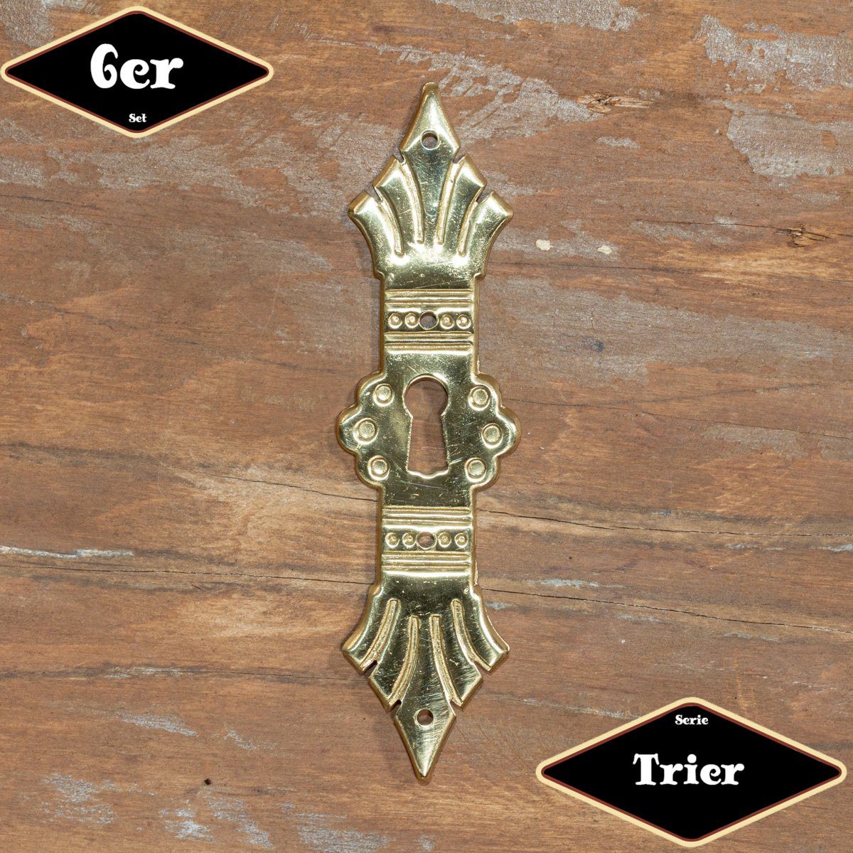 Antikas Möbelbeschlag Schlüsselplatte,Serie"Trier",6er Pack, Messing gl., H12,2xB3,3cm