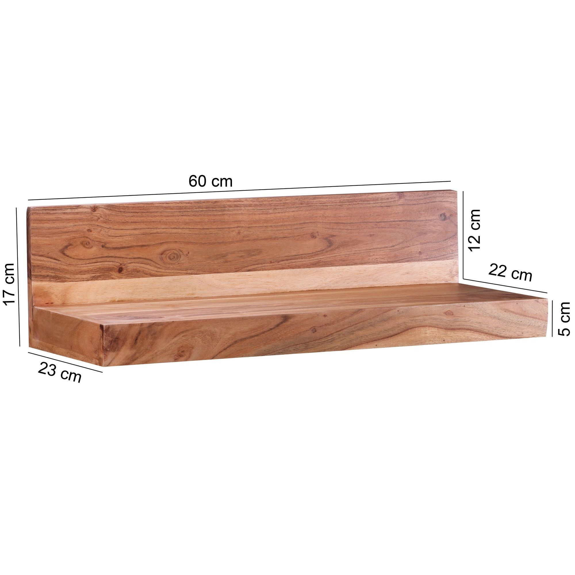 FINEBUY Wandregal SuVa2532_1 Massivholz Akazie Holzregal Landhausstil Wandboard, Hängeregal modern Wandboard Echtholz Regal, MUMBAI 60 cm Akazie Massivholzregal