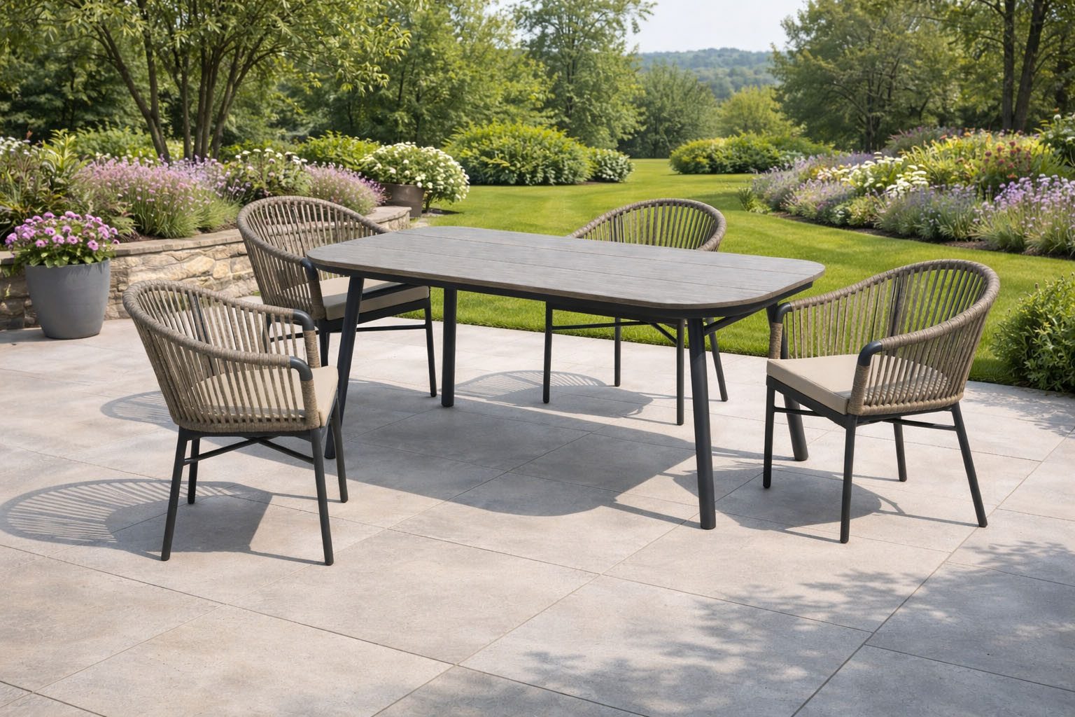 Destiny Garten-Essgruppe TORNO SAN MARINO 4 Se + Tisch OV 180x90cm anthr., (Set, 5-tlg., 4 Stapelsessel inkl. Sitzkissen, 1 Tisch), Aluminium, Rope, Polywood