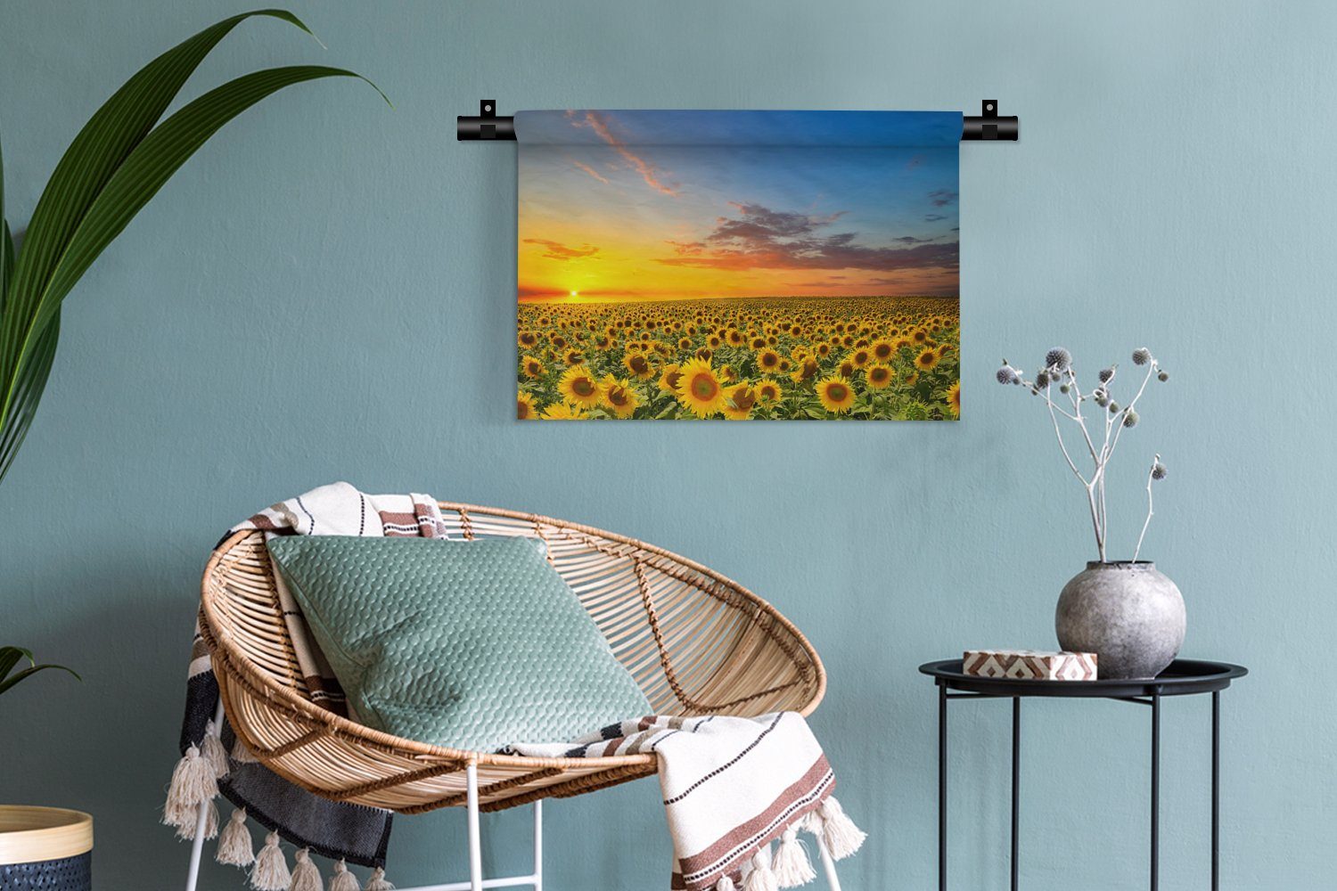 - Schlafzimmer, Blumen - Sonnenuntergang MuchoWow Wanddekoobjekt Kleid, Nacht Orange, für Sonnenblume - - Wanddeko Kinderzimmer Wandbehang, Wohnzimmer,