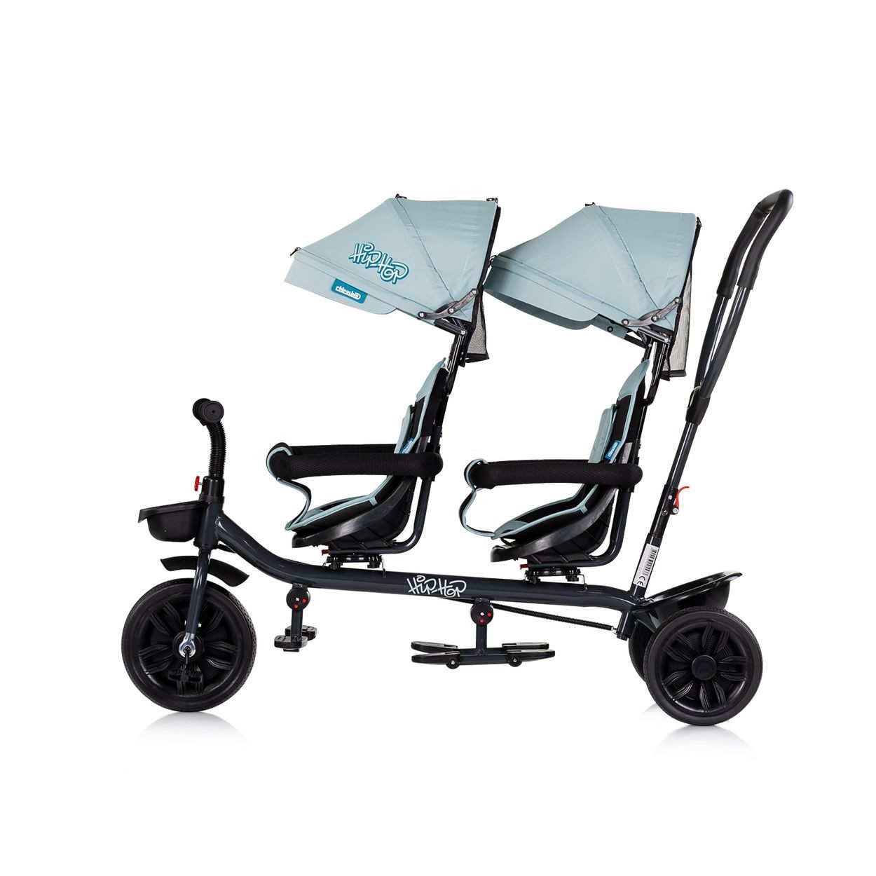 Babyshoppen Dreirad Hip Hop, Geschwister, zwei Kinder, 360° drehbare Sitze, Schiebegriff, Gurte