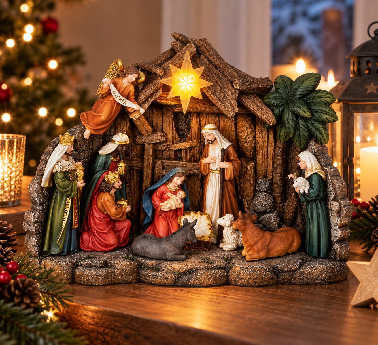 Mel-O-Design Krippe Beleuchtete Weihnachtskrippe mit 11 Figuren und LED-Stern (1-tlg)