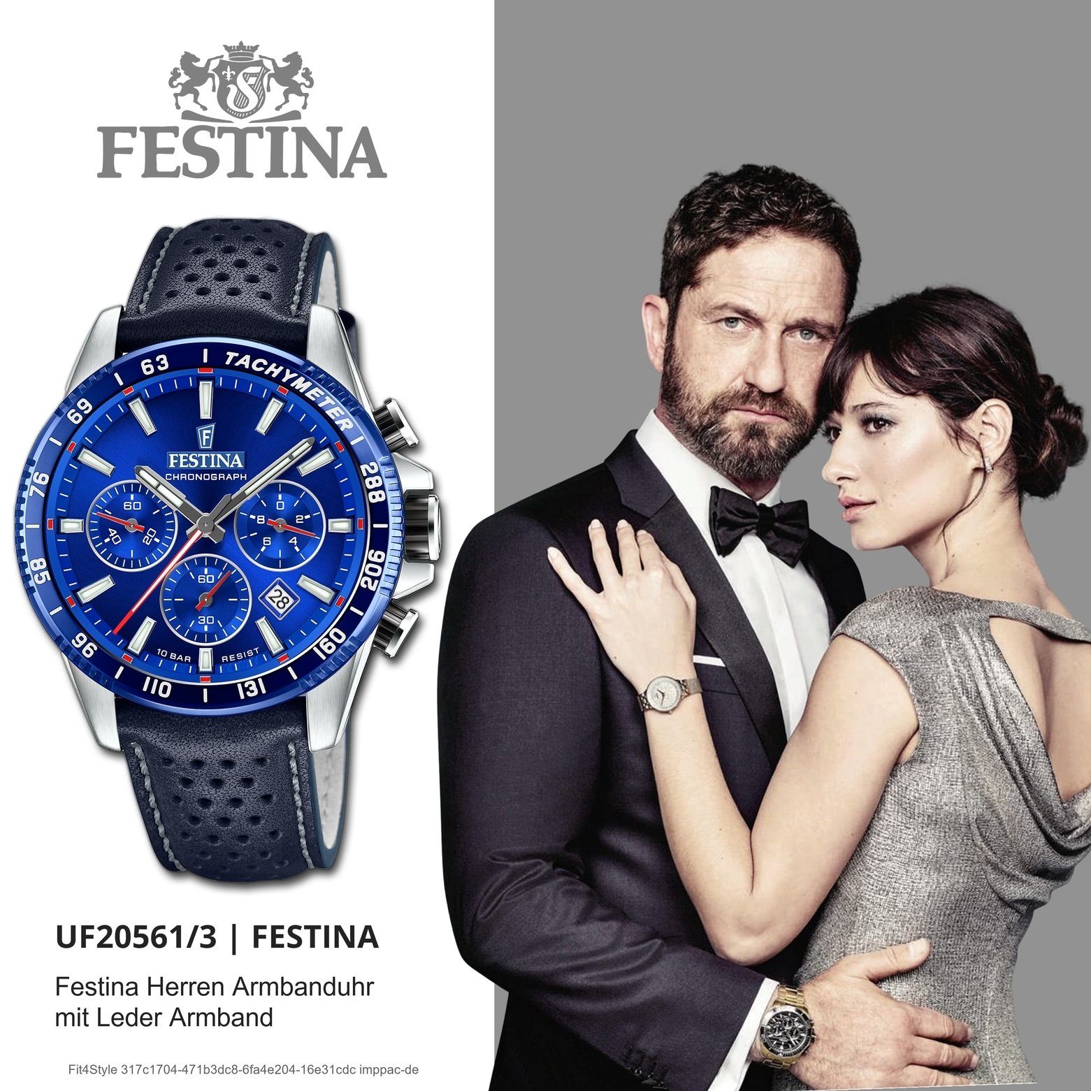 Festina Timeless Armbanduhr Lederarmband Chronograph, Festina Herrenuhr Herren Quarzuhr Elegant rund, dunkelblau,