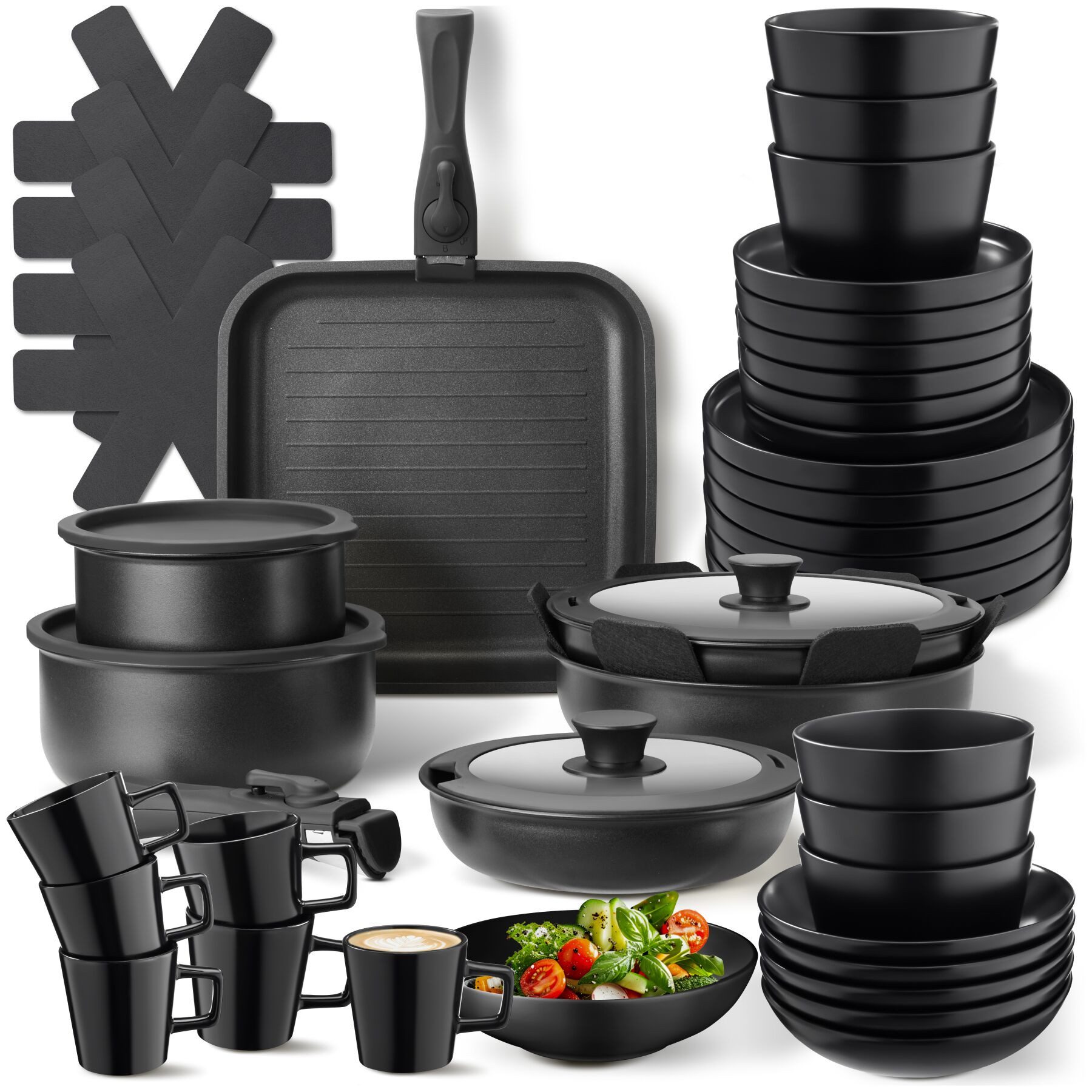 tectake Kochbesteck-Set Küchenstarterset aus Steingut mit Glasur, hitzebeständig und (Geschirrset Una/Parma, 47-tlg., in schwarz), rostfreies Aluminium mit Antihaftbeschichtung, induktionsgeeignet