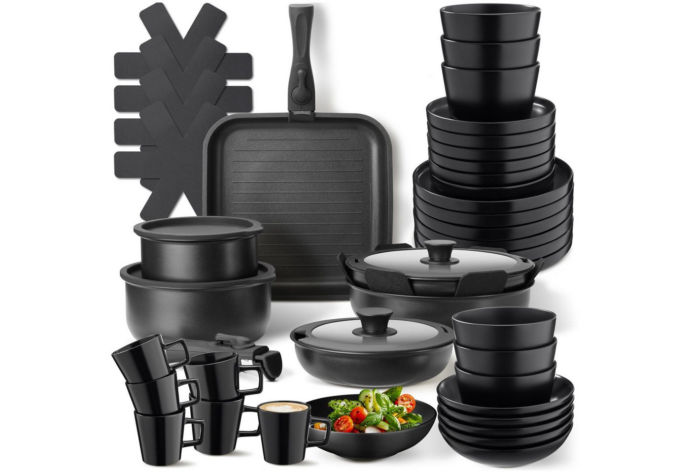 tectake Kochbesteck-Set Küchenstarterset aus Steingut mit Glasur, hitzebeständig und (Geschirrset Una/Parma, 47-tlg., in schwarz), rostfreies Aluminium mit Antihaftbeschichtung, induktionsgeeignet