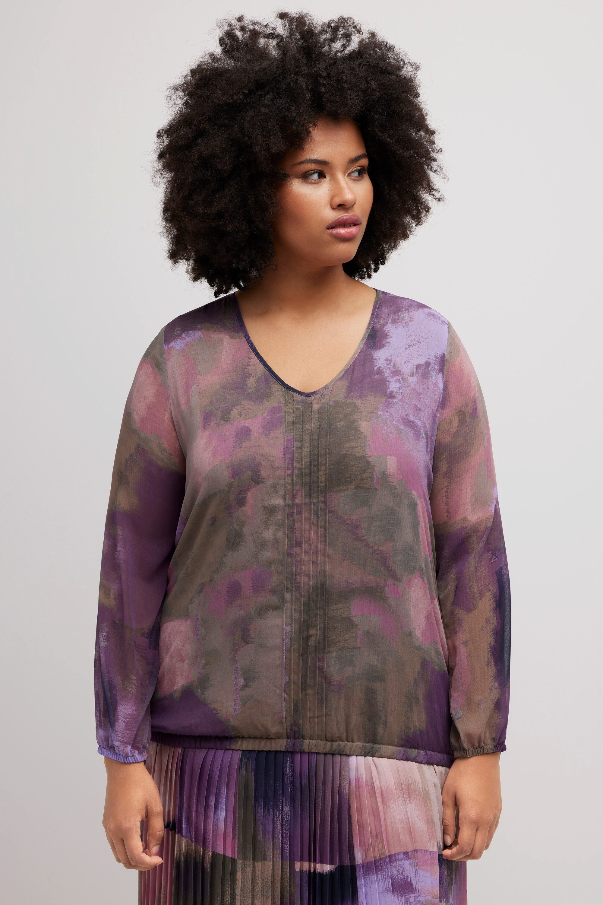 Longbluse Bluse Chiffon V-Ausschnitt Gummisaum Langarm