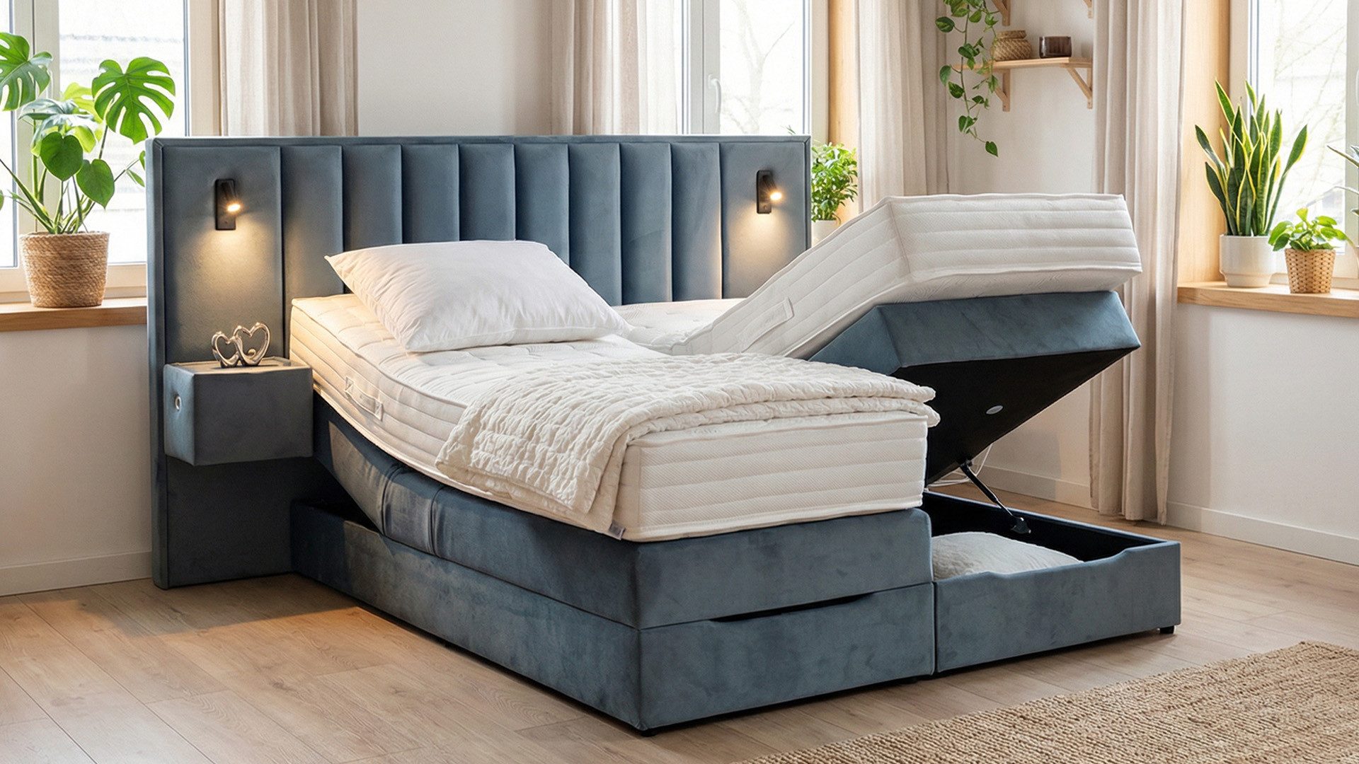 PAARA Boxspringbett mit USB und Beleuchtung, mit Bettkasten und Nachttischen, mit innovativem Belüftungssystem