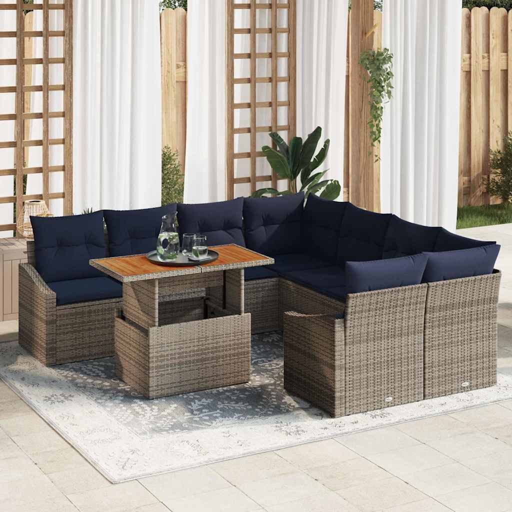 vidaXL Gartenlounge-Set Garten-Sofa-Set mit Speicher 9 pcs Grau Poly Rattan, (9-tlg)