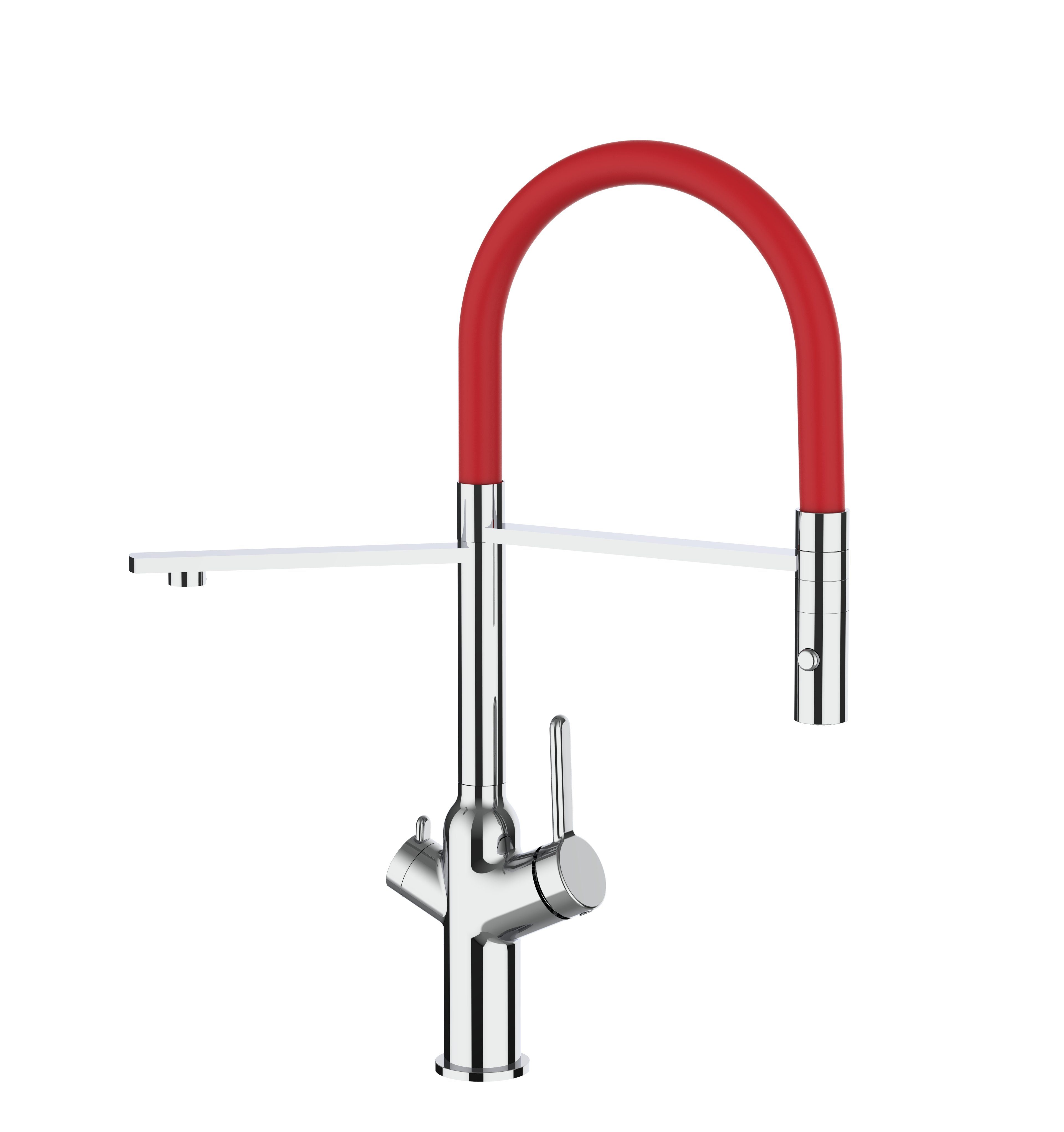 mit Abnehmbare Brause Strahl Separater 2 abnehmbarer Hochdruck, Filterwasser-Zulauf 2 Küchenarmatur Handbrause für Filtersysteme Wege, alle gängigen 3 VIZIO strahliger Hochwertige Verchromung, 1/2" geeignet mit 3 Küchenmischer Wege Keramikventil, Rot