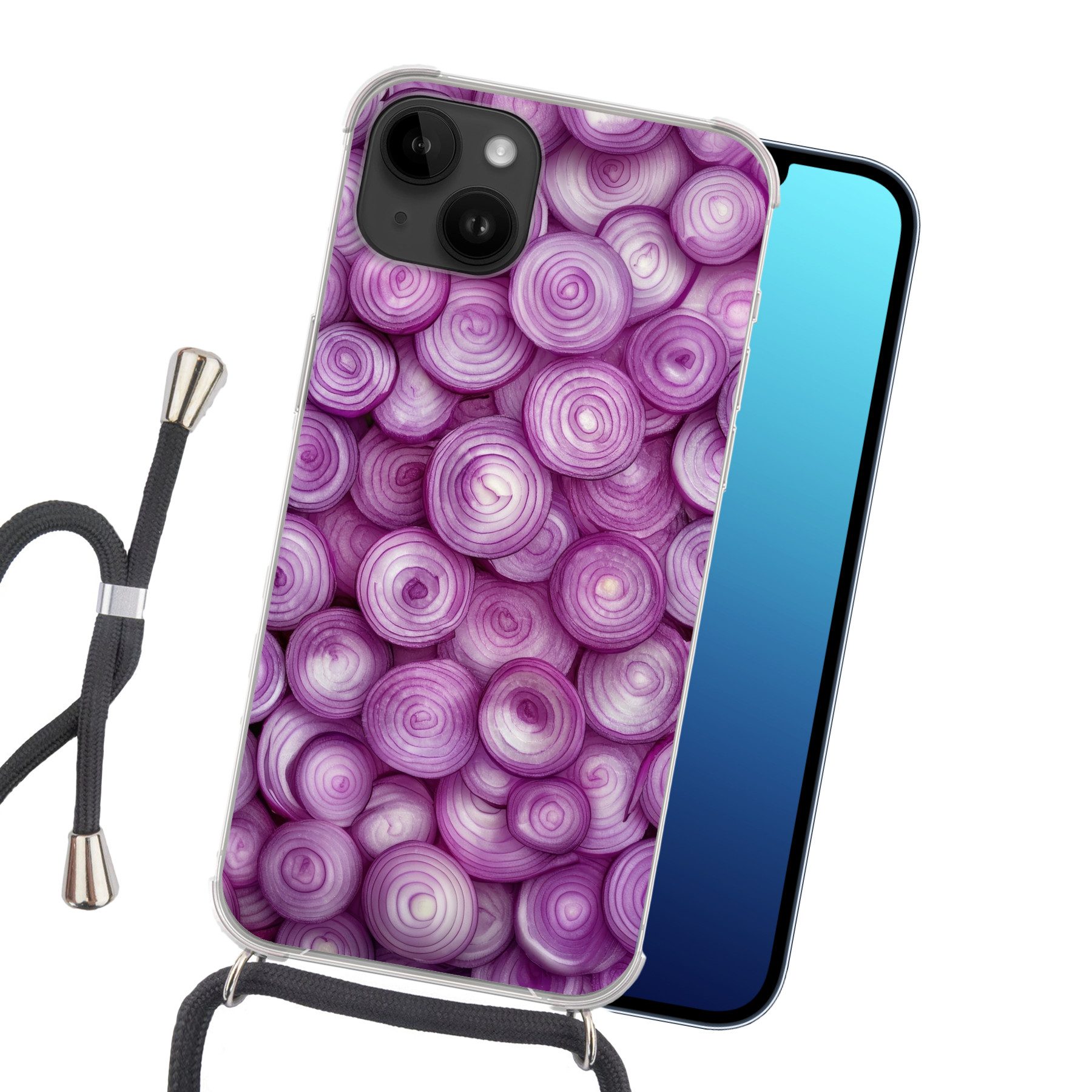MuchoWow Handyhülle für Apple iPhone 14 Lila - Zwiebeln - Nahaufnahme, Tragbare Handyhüllen mit Kette zum umhängen, Handykette Handyband