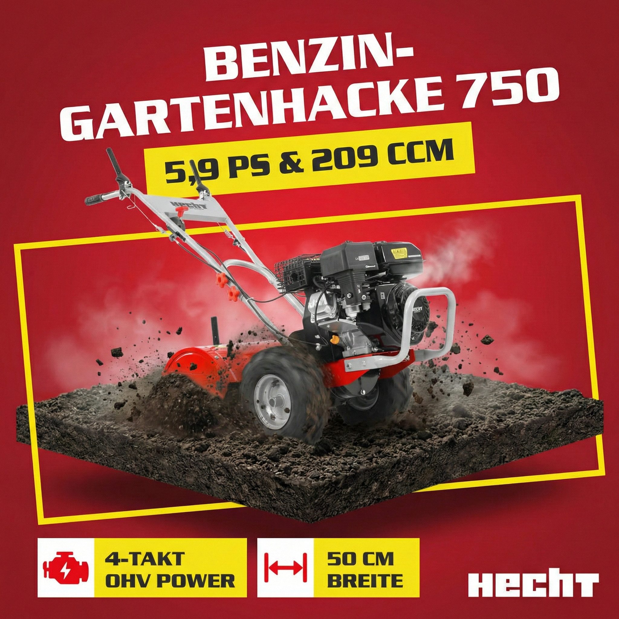 Hecht Benzinmotorhacke Gartenfräse 750 Gartenhacke Motorfräse Bodenhacke Bodenfräse, 50,00 cm Arbeitsbreite, 35 cm Arbeitstiefe, 6,5 PS, Stahlgehäuse