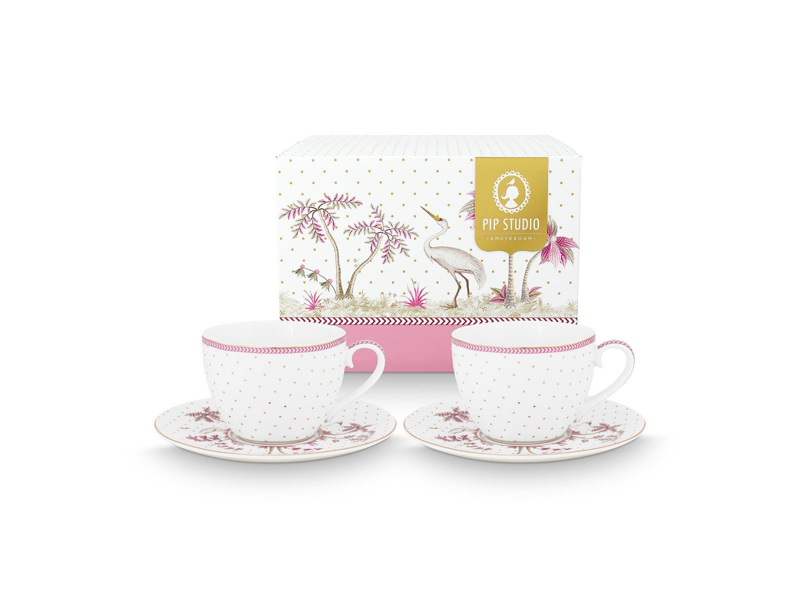 PiP Studio Tasse Jolie Dots Gold Pink Tasse mit Untertasse 280ml Set2, Porzellan