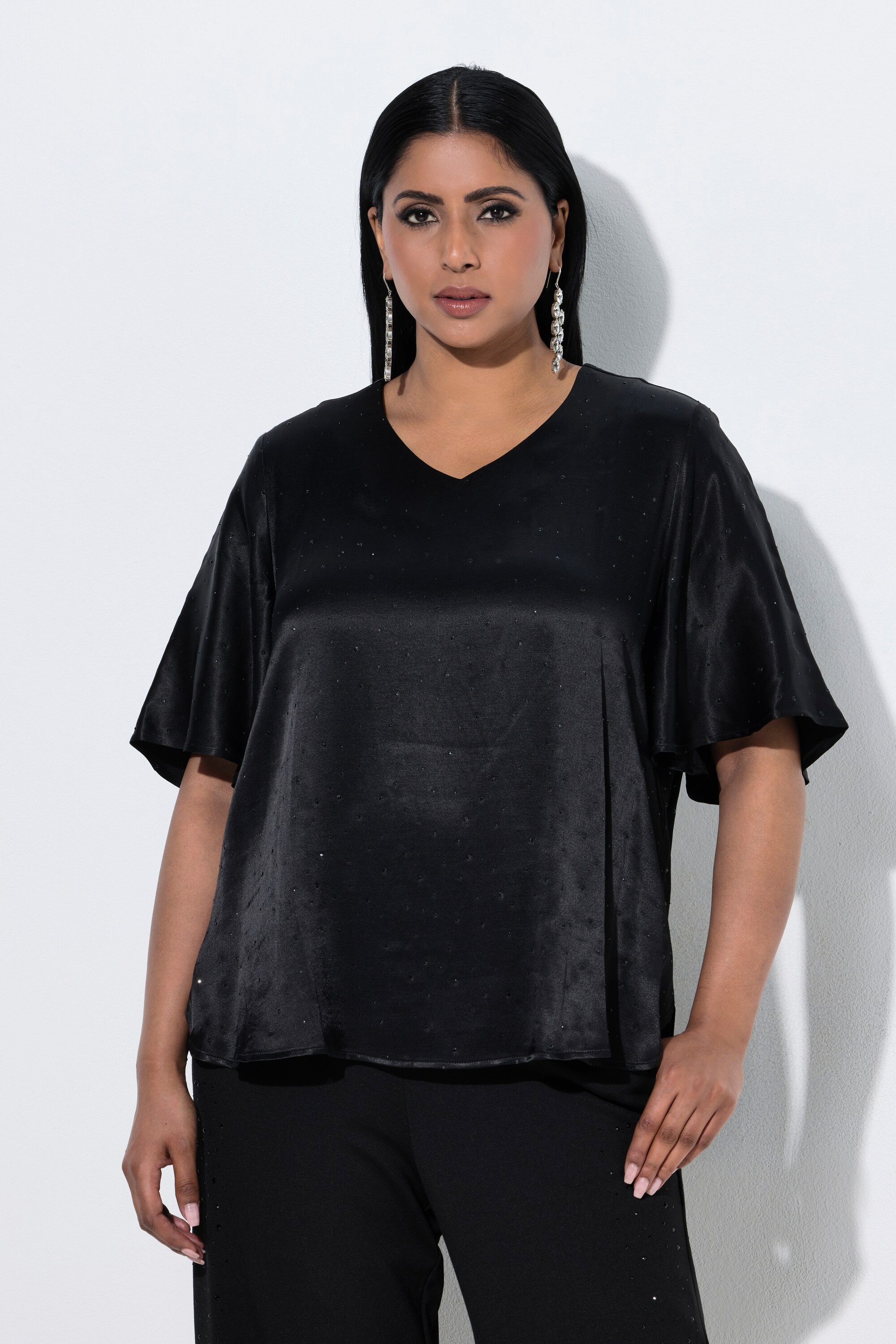 Ulla Popken Spitzenbluse Blusenshirt Ziersteine A-Linie V-Ausschnitt