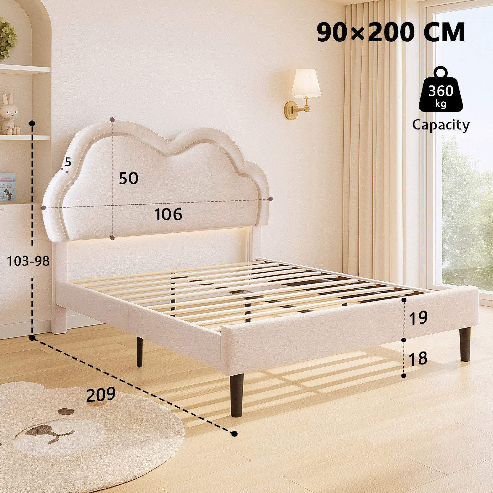 AMERLIFE Kinderbett Jugendbett für Mädchen in Samt-Optik mit LED-Beleuchtung (Ohne Matratze), Wolken-Kopfteil & praktischem Stauraum, 90x200cm