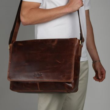 SID & VAIN Messenger Bag Leder Umhängetasche Unisex SPENCER, Laptoptasche 15 Zoll Echtleder, Businesstasche Damen Herren braun