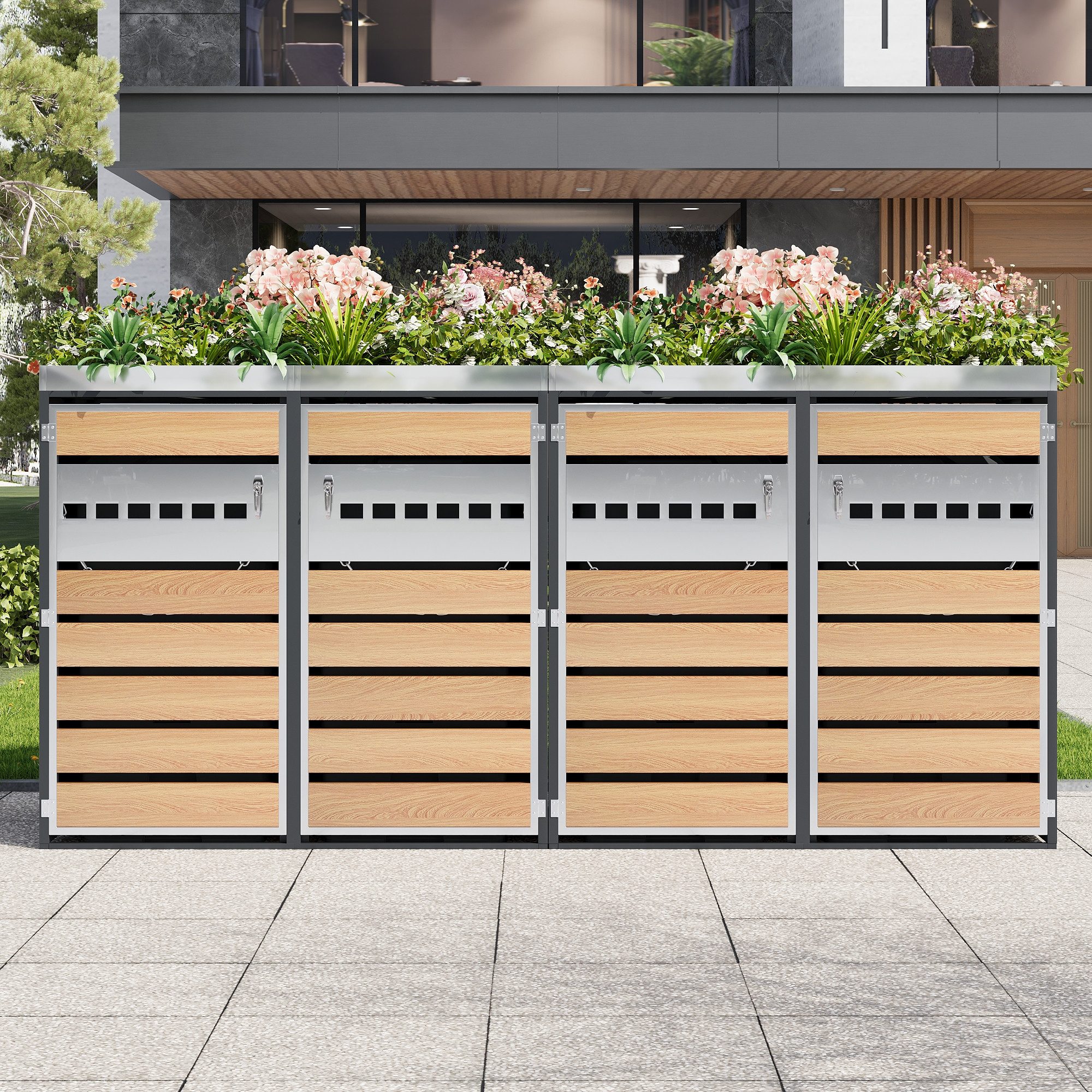 MODFU Mülltonnenbox Belüftungssystem, Staufächer inklusive, ohne Mülltonne (Set, 4 St., Ordnungssystem für Garten & Terrasse), Müllbox abschließbar mit vier Türen & Pflanzfläche