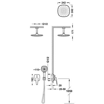 TRES Duscharmatur TRES PLUS (Unterputz Duschsystem mit Brauseset, inkl. Einbaukörper, Regendusche, Wandarm 42cm oder Deckenarm 10cm)