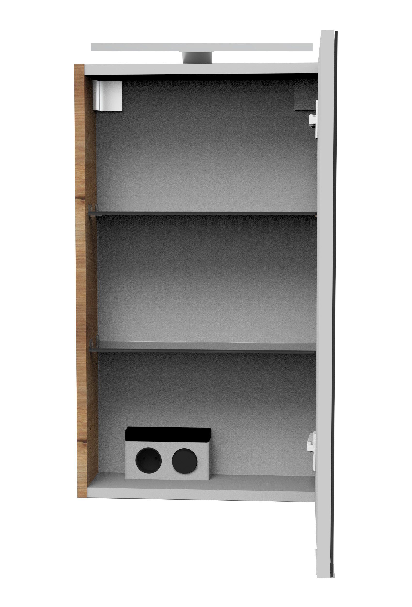 FACKELMANN Spiegelschrank SBC (Spiegelschrank mit LED-Aufsatzleuchte) Aufsatzleuchte, Schalter und Steckdose, Breite 40cm, Anschlag rechts