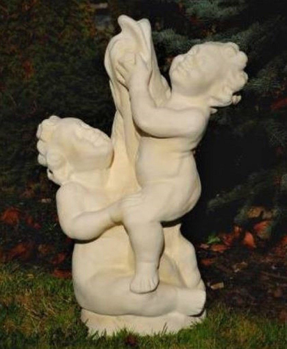 Casa Padrino Skulptur Jugendstil Wasserspeier Skulptur Kinder mit Fisch Sandfarben H. 74 cm - Elegante Wasserspeier Stein Figur - Barock & Jugendstil Garten Deko Accessoires