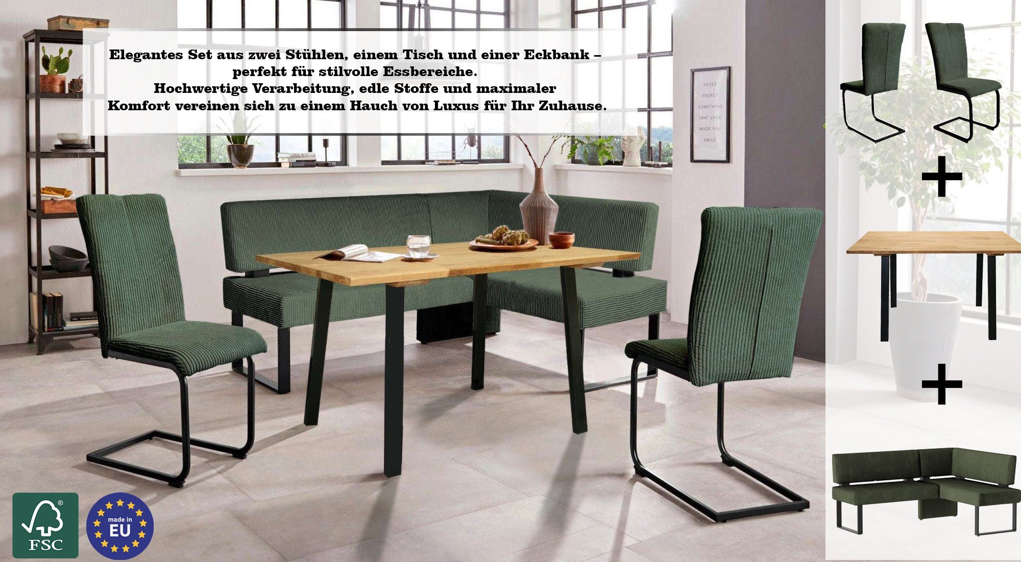 OTTO home Eckbankgruppe Oliver, (Set, 4-tlg., 4-tlg), Eckbank mit Wellenunterfederung im Sitz, Tisch Massiv Eiche