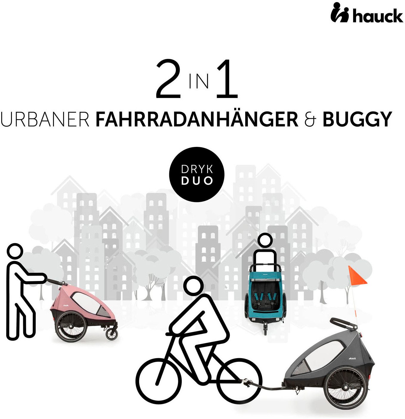 Hauck Fahrradkinderanhänger Dryk Duo, Ocean Green, für 2 Kinder; inkl. Buggy-Rad