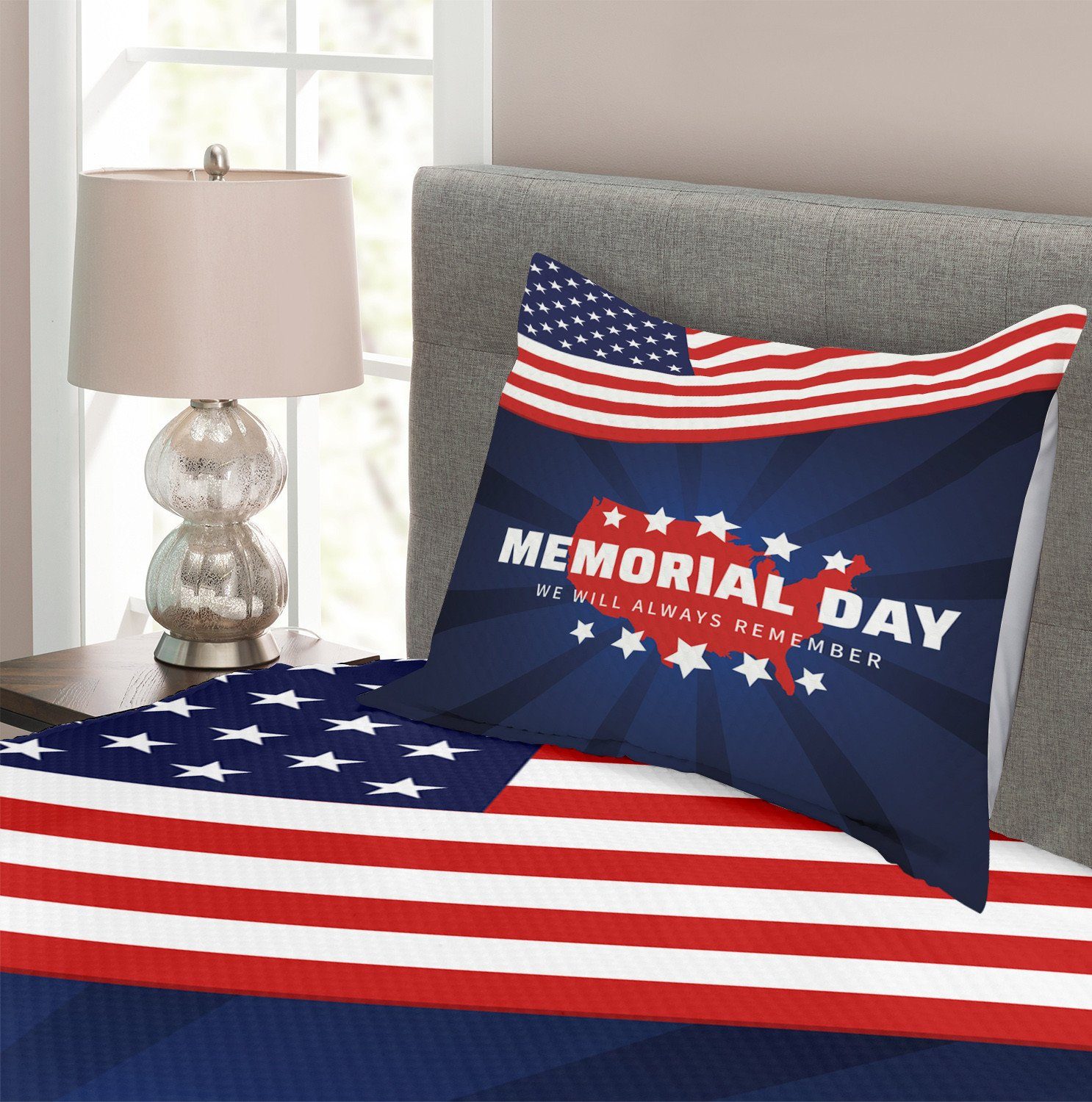 Sunbeams Flagge Waschbar, Tagesdecke Amerikanische mit Gedenktag Abakuhaus, Kissenbezügen Set