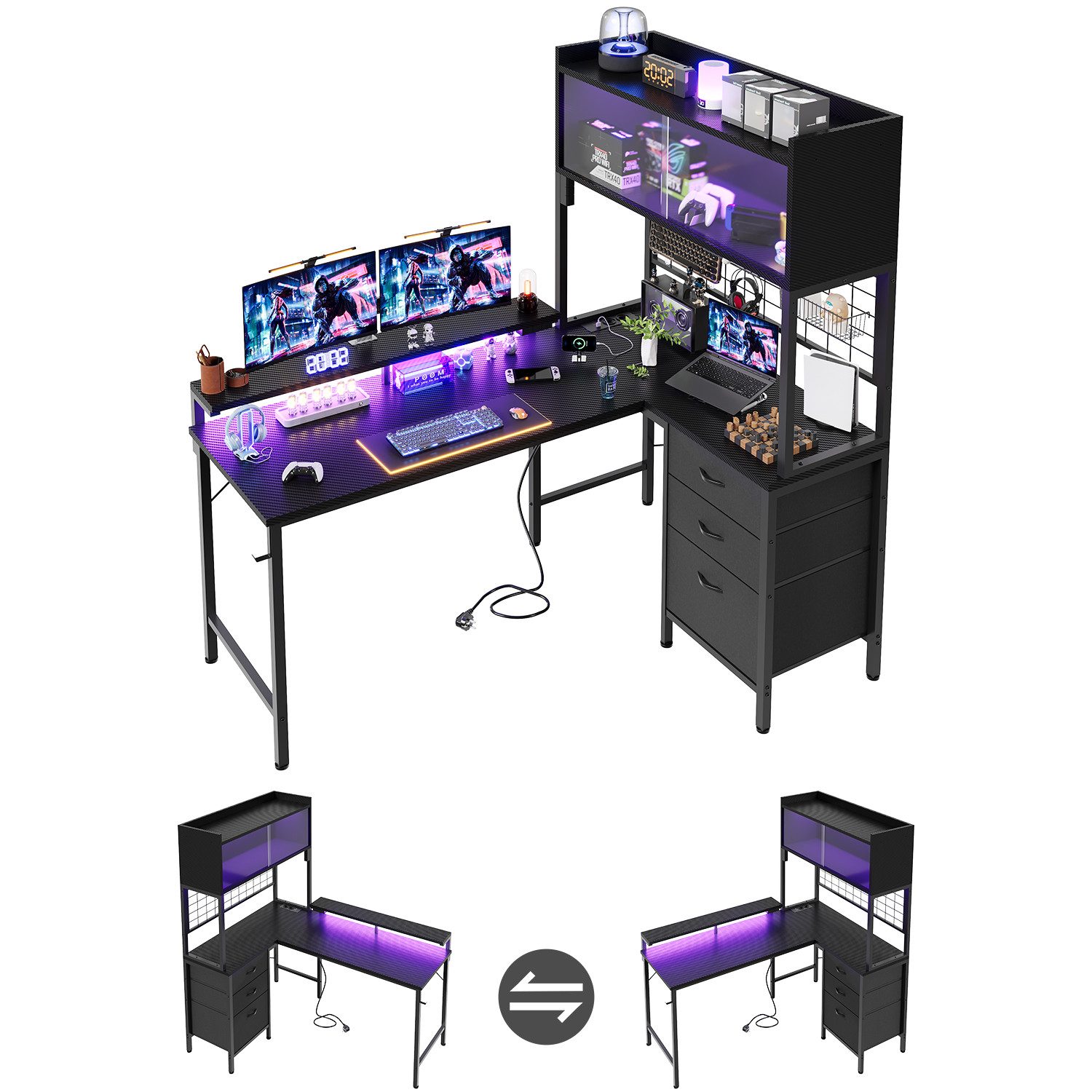HOMALL Gamingtisch Gaming Schreibtisch mit USB-Steckdose & RGB LED (mit Monitorständer & Vitrine, mit 2 Schubladen, Ergonomischer Computertisch mit Stromleiste, 120/140cm Schreibtisch für Gaming & Homeoffice, Schwarz)