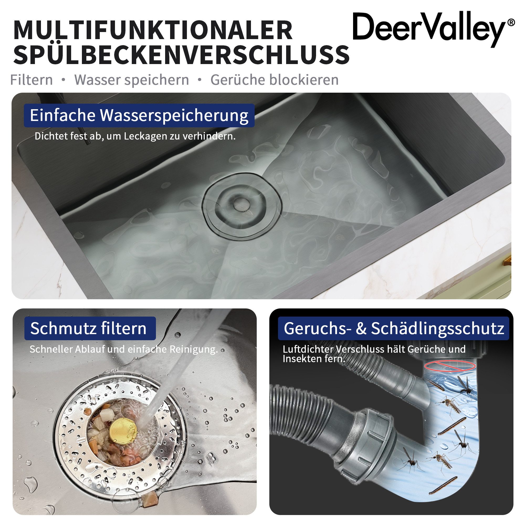 DeerValley Edelstahlspüle DeerValley Spülbecken Schwarz Küchenspüle aus Edelstahl, Nano-Beschichtung, Pop-up-Ablauf, 3 vorgebohrte Löcher, hinterer Ablauf, X-Ab – Bild 5 von 5
