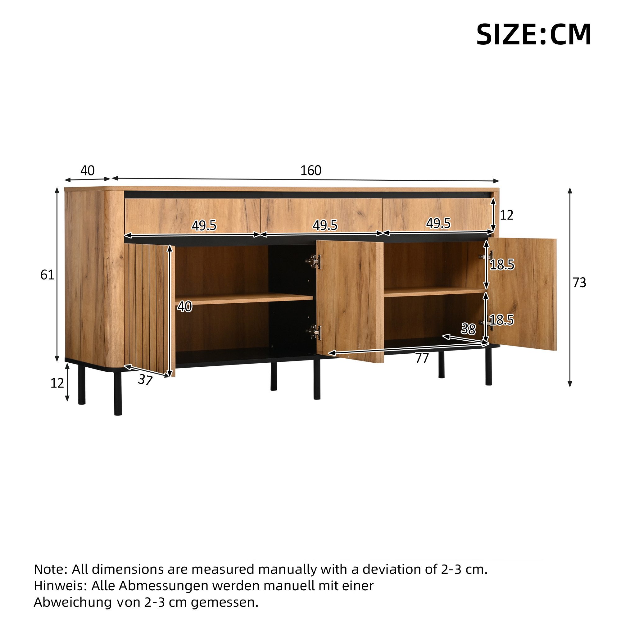 KLAM HOME Sideboard Eichenoptik Sideboard mit 3 Schubladen und Lamellentüren (160cm TV-Schrank MDF mit Metallfüßen bis 30kg belastbar), Sichere Wohnkommode mit abgerundeten Kanten & Stauraum