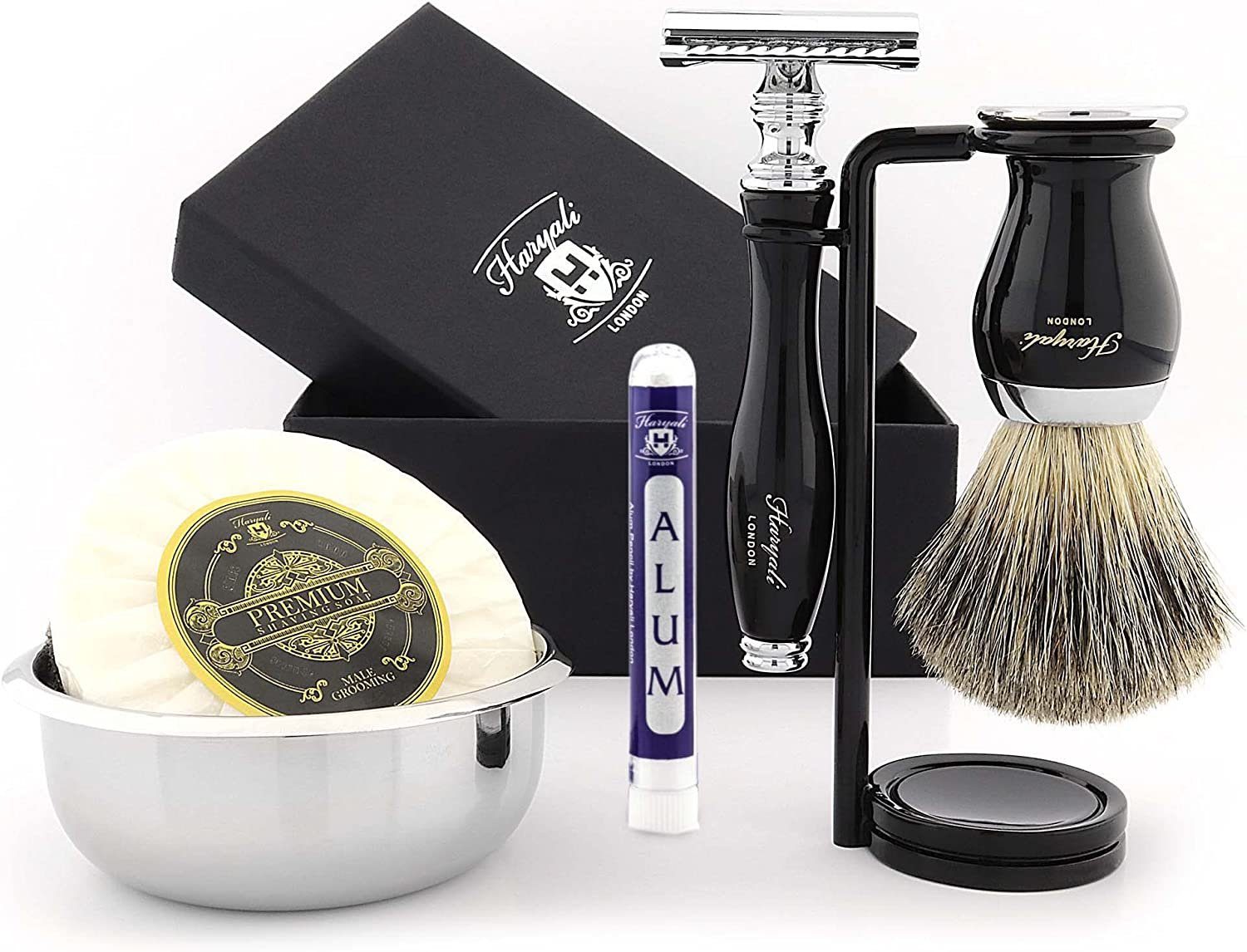 Haryali London Rasierset Haryali London 6-teiliges Herren-Rasierset, Rasierset doppelseitigem, perfektes Geschenkset, Rasierpinsel, Seife, Rasierschale, Alaunstab, Kombipackung