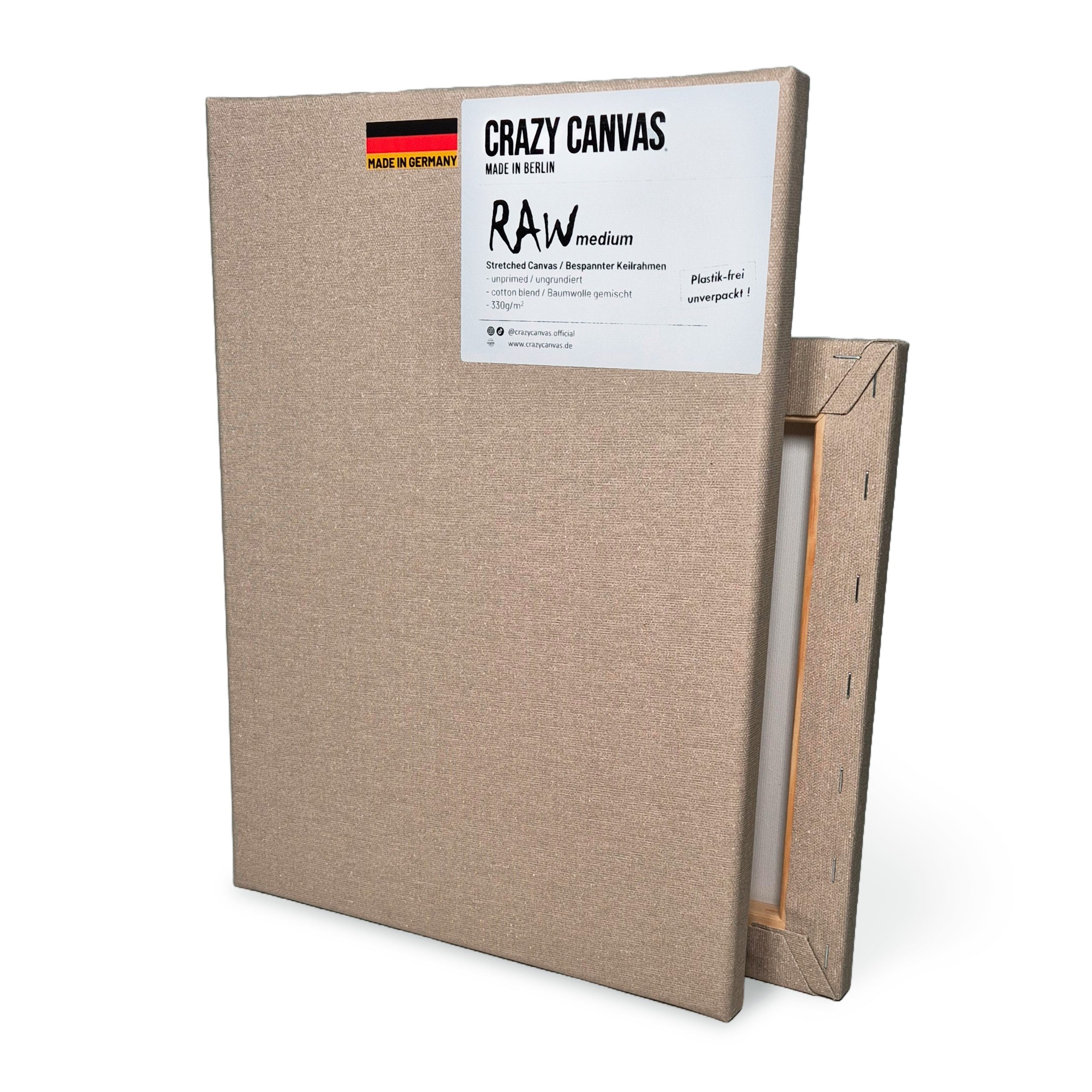Crazy Canvas Leinwand RAW Medium 30x30 cm, 2er Pack, mittlere Struktur, versandfrei, ungrundiert, 330 g/m², mittlere Struktur, Leinenoptik, Made in Berlin